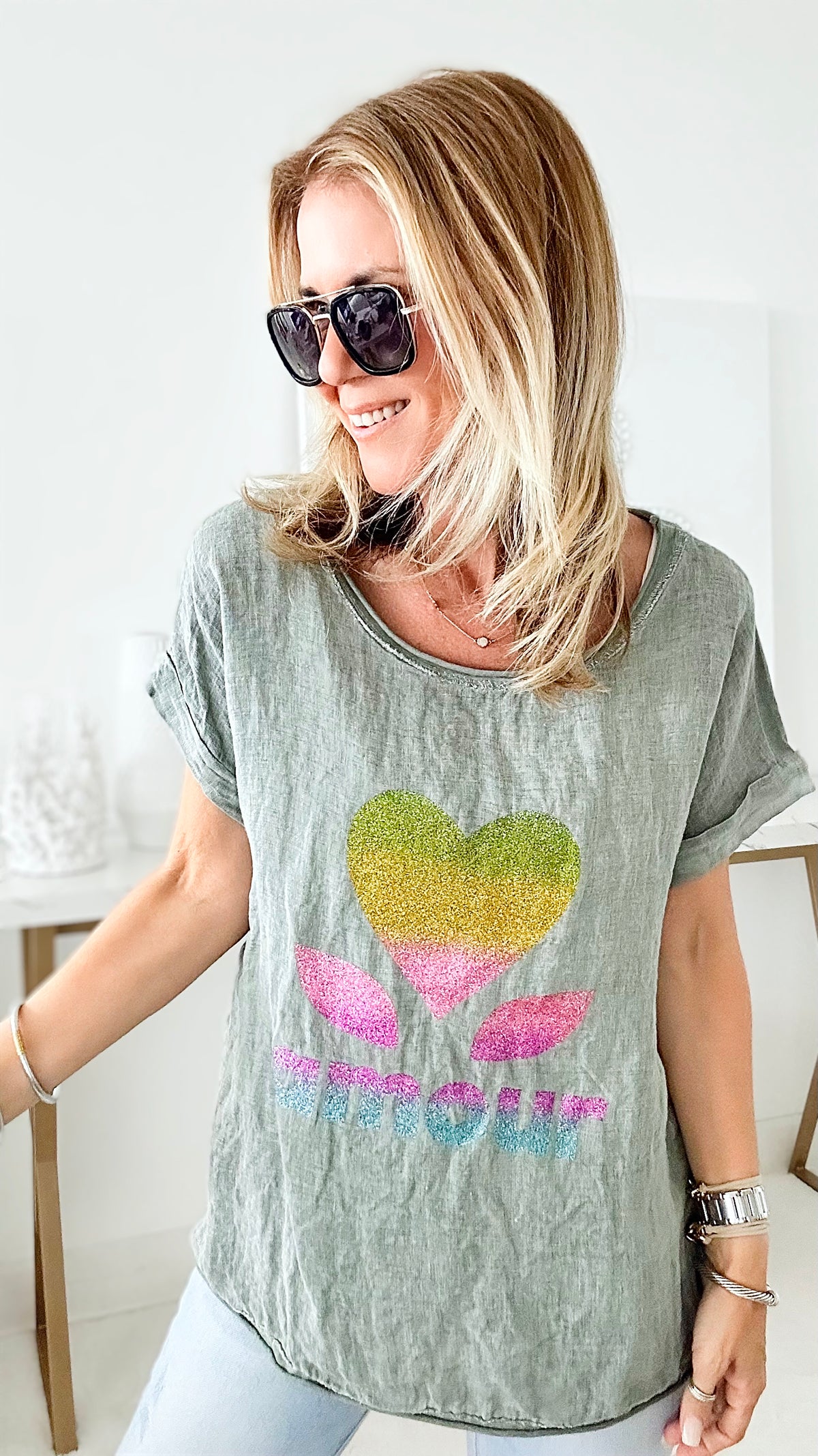 Amour Italian Linen Top - Grey-110 Short Sleeve Tops-Yolly-Coastal Bloom Boutique, find the trendiest versions of the popular styles and looks Located in Indialantic, FL