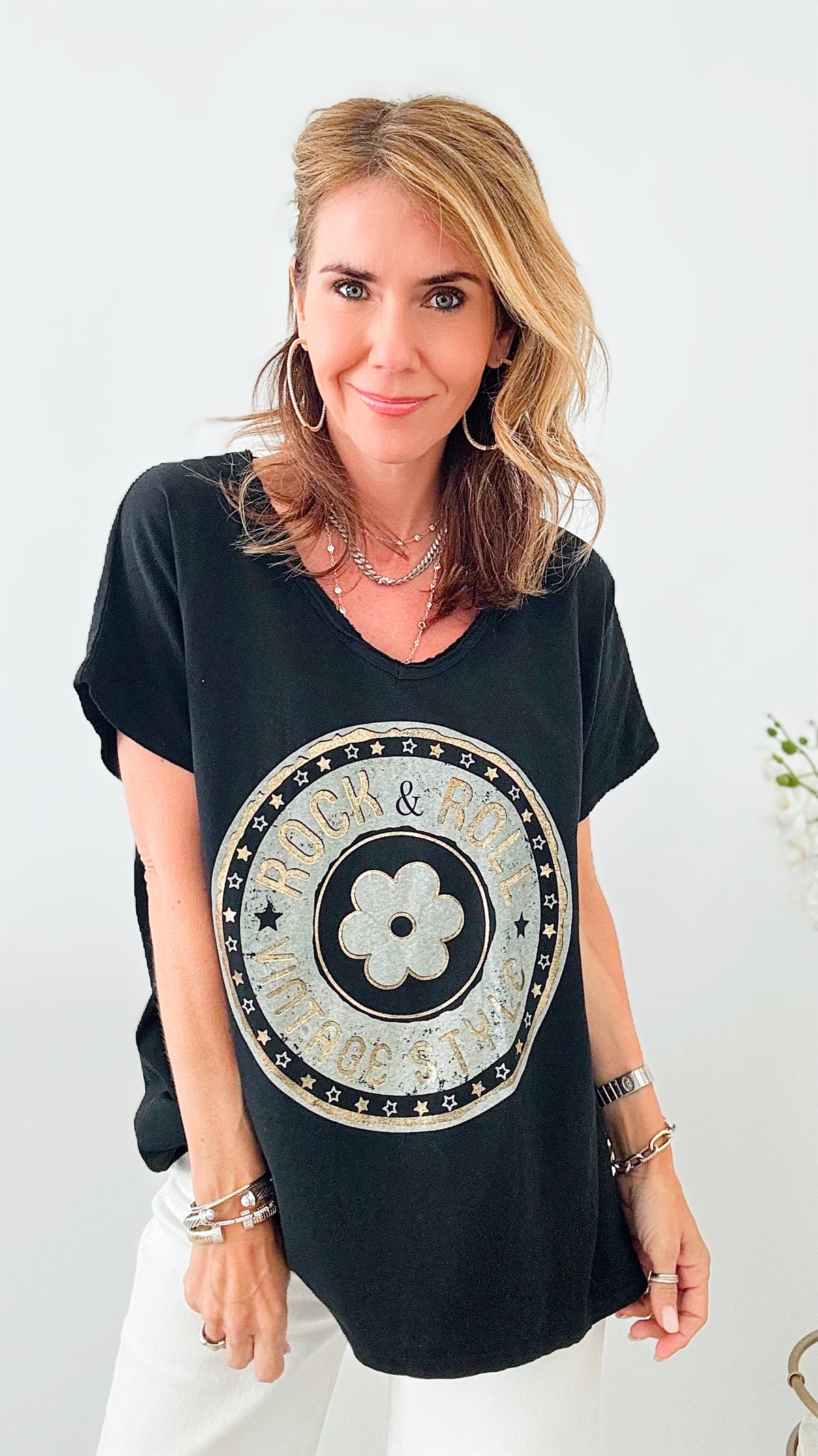 Vintage Rock + Roll Italian Graphic Tee - Black-120 Graphic-Italianissimo-Coastal Bloom Boutique, find the trendiest versions of the popular styles and looks Located in Indialantic, FL