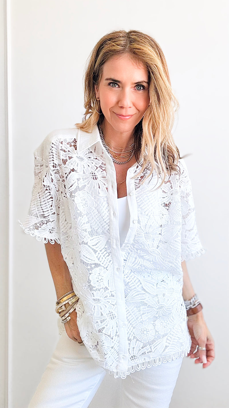 Flirty Crochet Lace Button Down Blouse-Color: Off White-130 Long Sleeve Tops-Taelynn-Coastal Bloom Boutique, find the trendiest versions of the popular styles and looks Located in Indialantic, FL