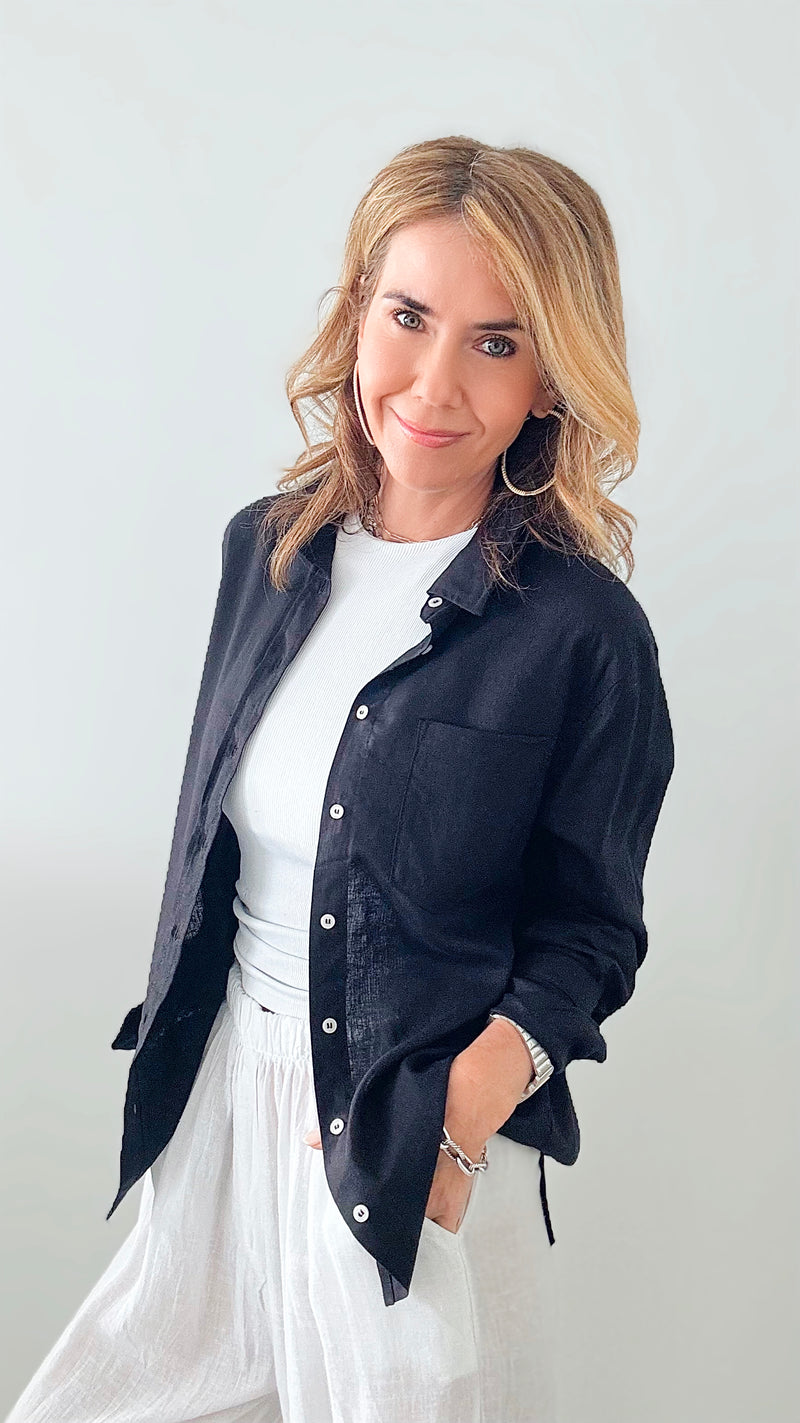 Linen Button Down Top - Black-130 Long Sleeve Tops-Love Tree Fashion-Coastal Bloom Boutique, find the trendiest versions of the popular styles and looks Located in Indialantic, FL