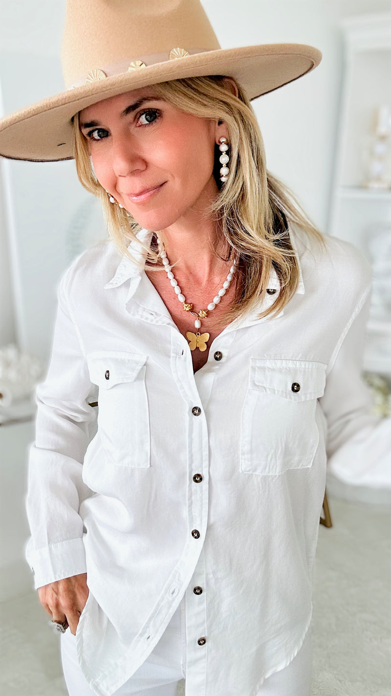 Double Pocket Blouse - White-130 Long Sleeve Tops-Love Tree Fashion-Coastal Bloom Boutique, find the trendiest versions of the popular styles and looks Located in Indialantic, FL