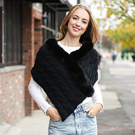 Faux Fur Pointed Cable Knit Shawl - Black-260 Other Accessories-Wona-Coastal Bloom Boutique, find the trendiest versions of the popular styles and looks Located in Indialantic, FL