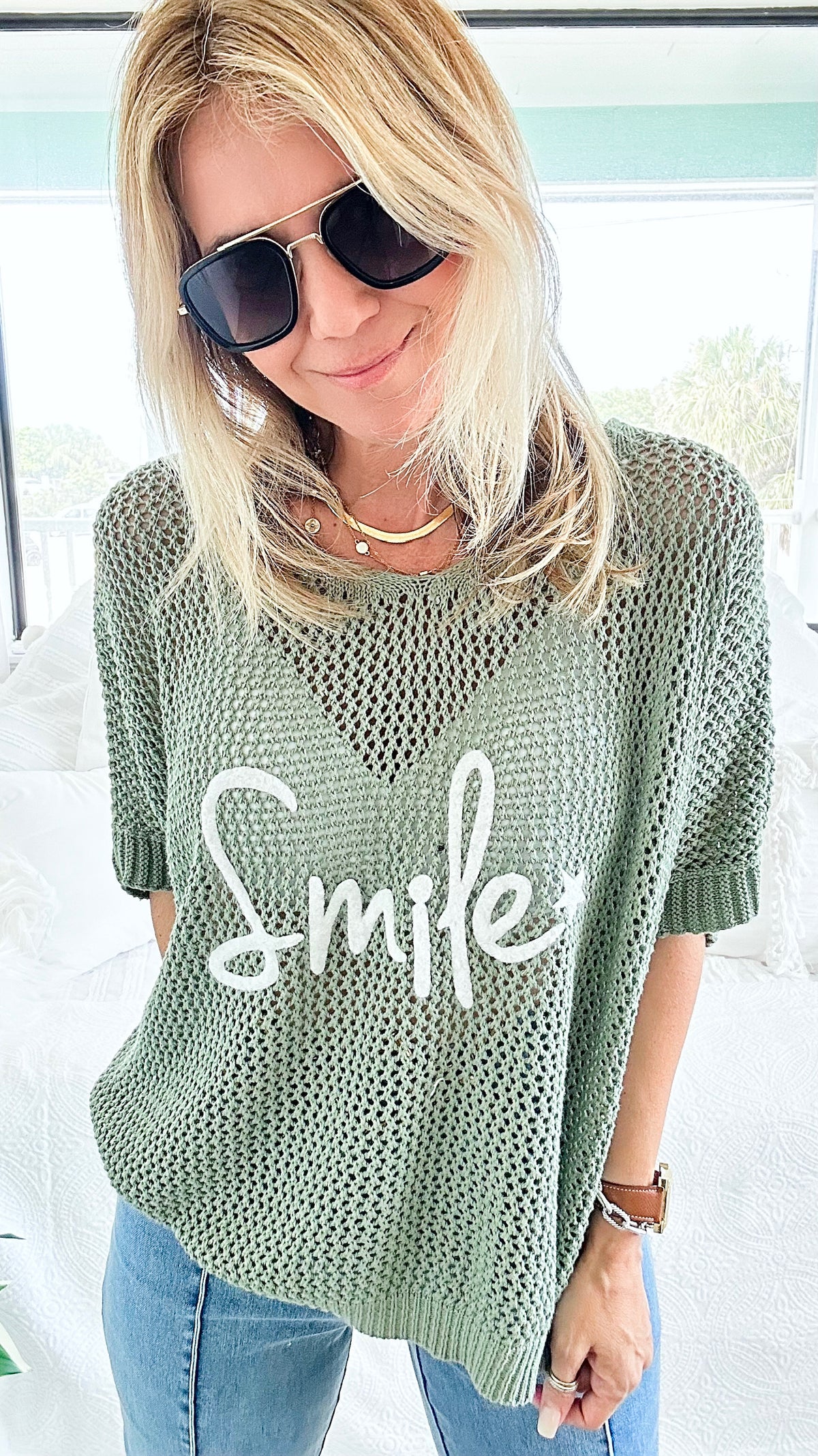 Italian Crochet Smile Sweater - Olive-140 Sweaters-Yolly-Coastal Bloom Boutique, find the trendiest versions of the popular styles and looks Located in Indialantic, FL