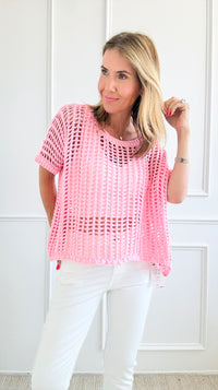 Crochet Short-Sleeved Top - Pink-110 Short Sleeve Tops-BIBI-Coastal Bloom Boutique, find the trendiest versions of the popular styles and looks Located in Indialantic, FL