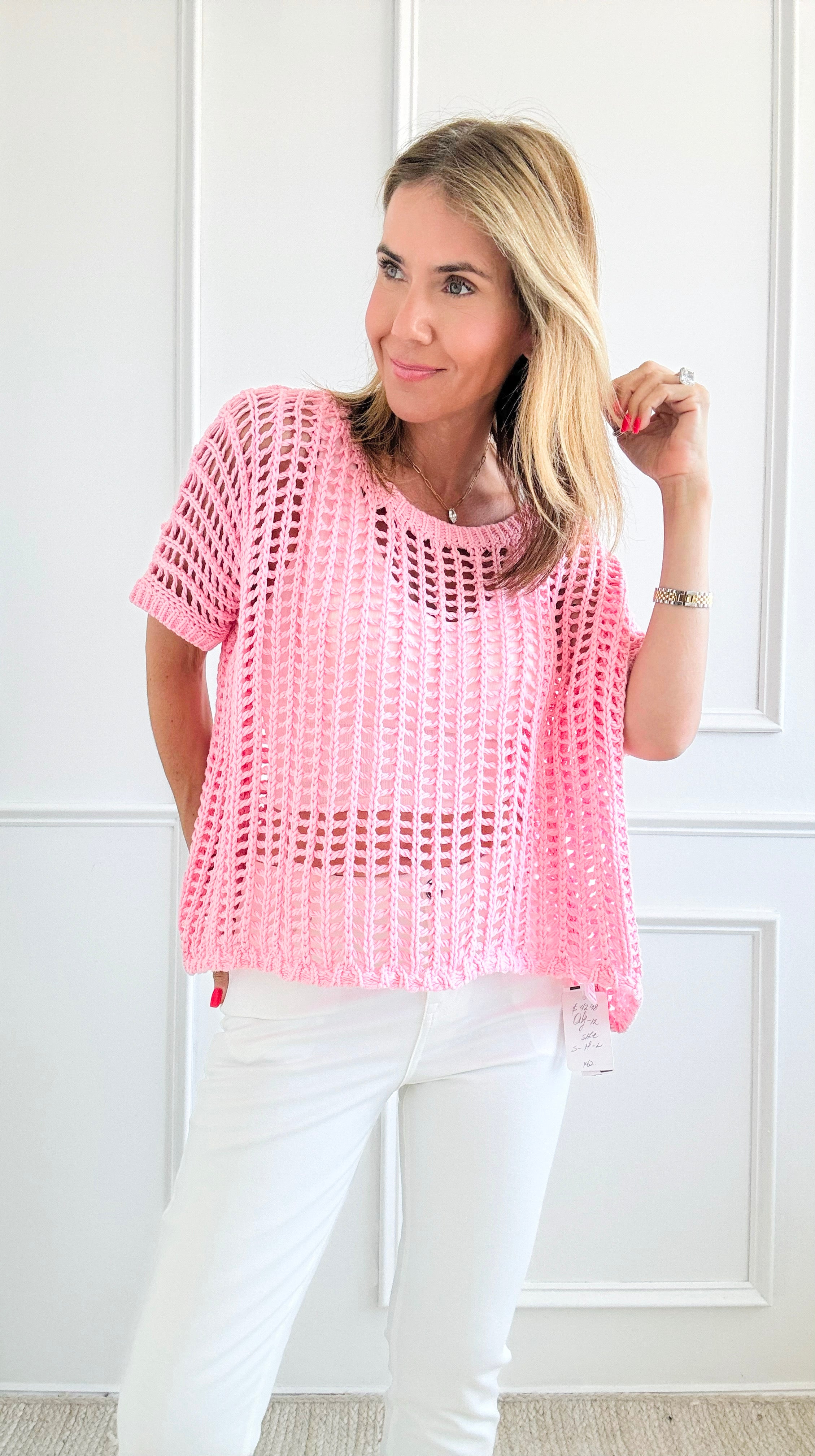 Crochet Short-Sleeved Top - Pink-110 Short Sleeve Tops-BIBI-Coastal Bloom Boutique, find the trendiest versions of the popular styles and looks Located in Indialantic, FL