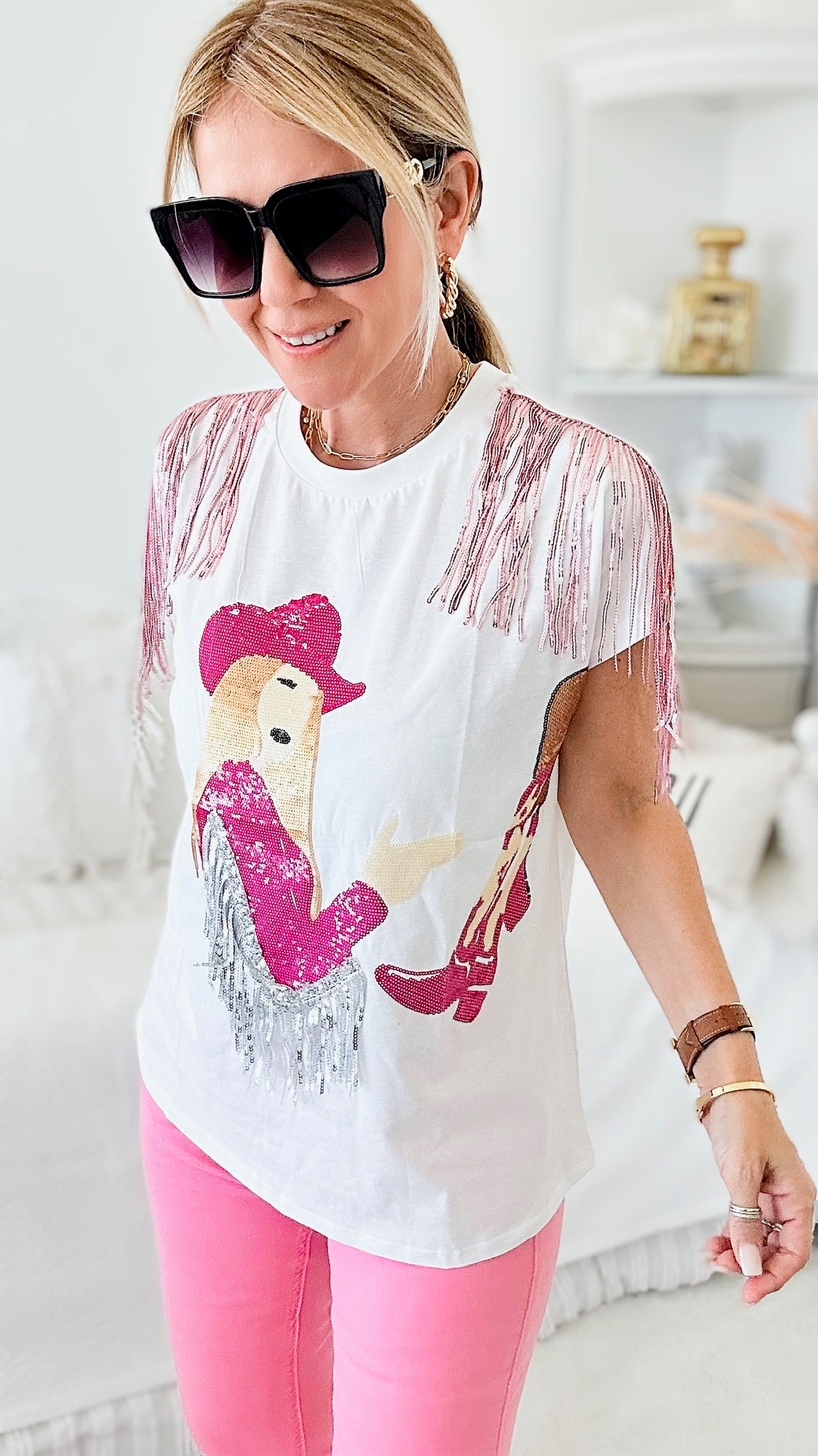 Cowgirl Sequin Graphic T Shirt-110 Short Sleeve Tops-Blue B-Coastal Bloom Boutique, find the trendiest versions of the popular styles and looks Located in Indialantic, FL