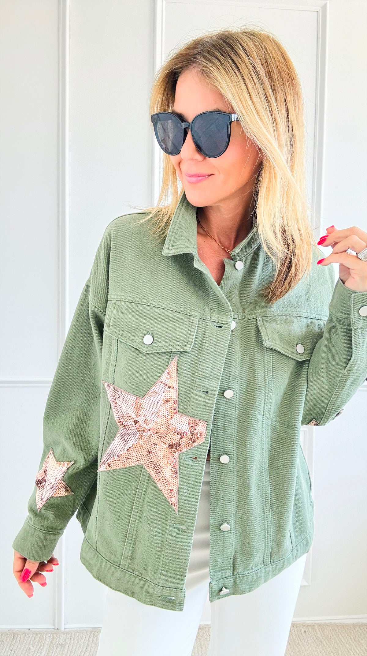 Stars Apliqque Long Sleeve Jacket- Olive-160 Jackets-Rousseau-Coastal Bloom Boutique, find the trendiest versions of the popular styles and looks Located in Indialantic, FL