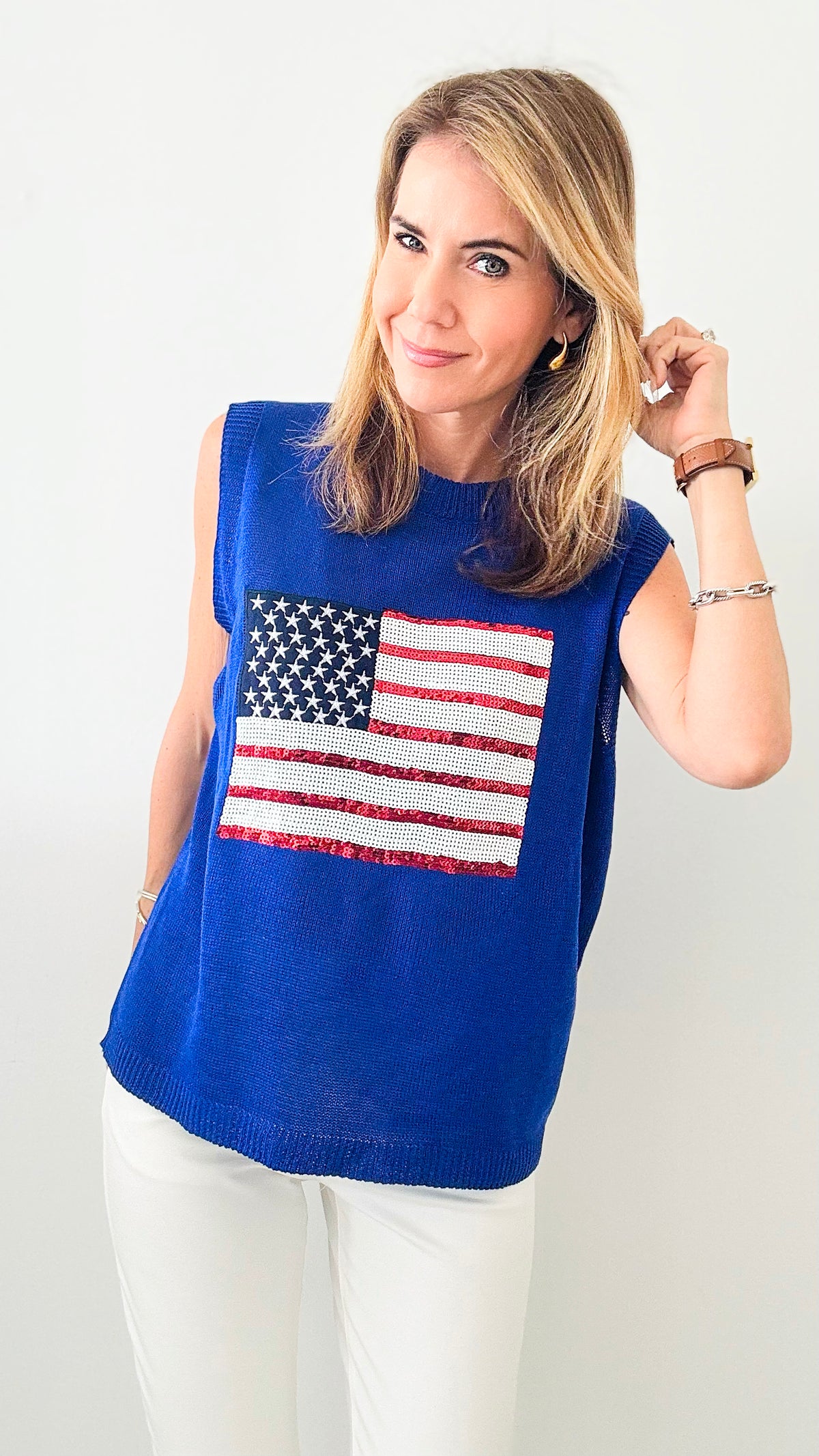 Sleeveless Sequined Flag Knit Vest Top - Royal-100 Sleeveless Tops-BIBI-Coastal Bloom Boutique, find the trendiest versions of the popular styles and looks Located in Indialantic, FL