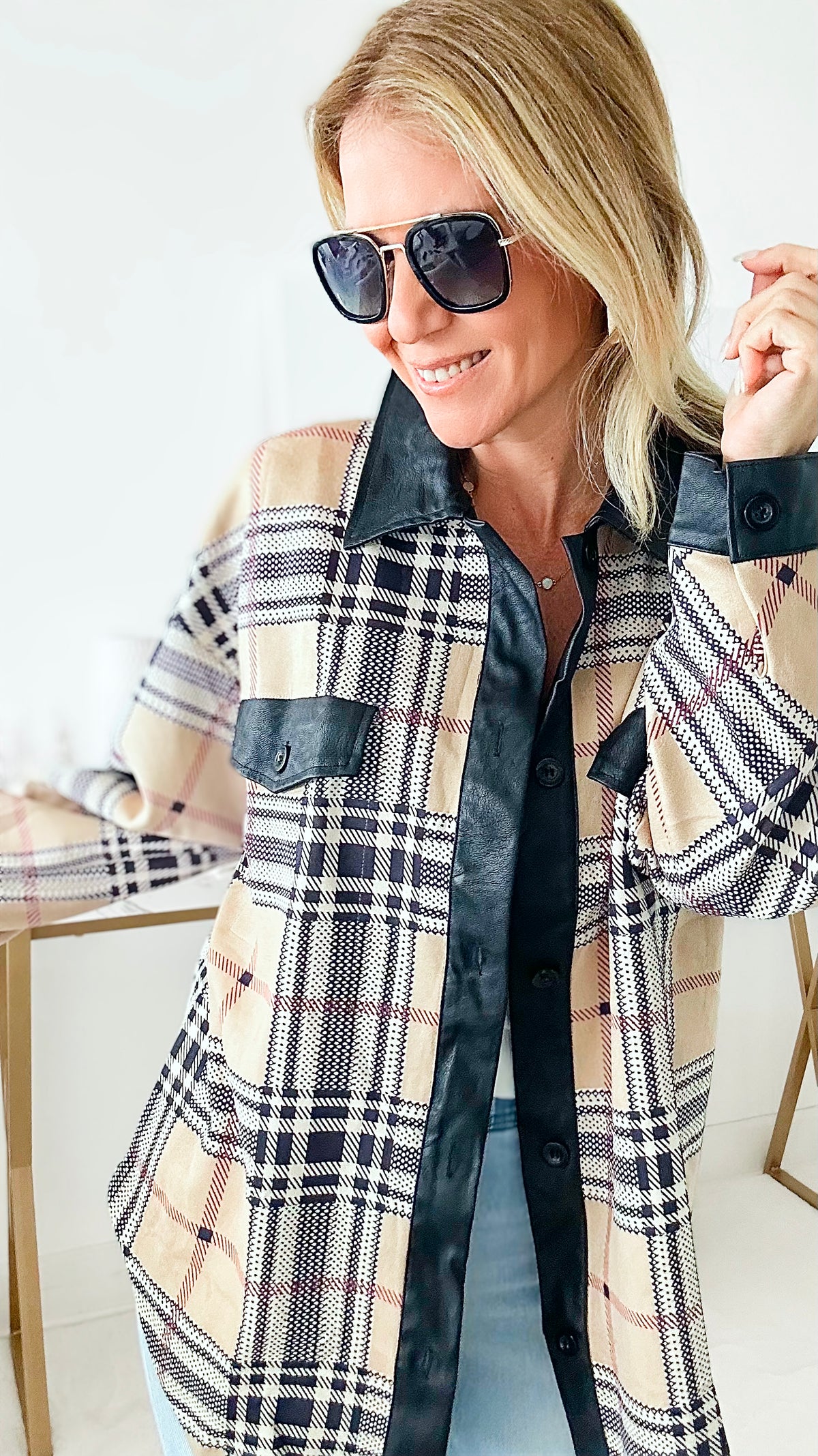 Latte Plaid Soft Shacket-130 Long Sleeve Tops-MAZIK-Coastal Bloom Boutique, find the trendiest versions of the popular styles and looks Located in Indialantic, FL