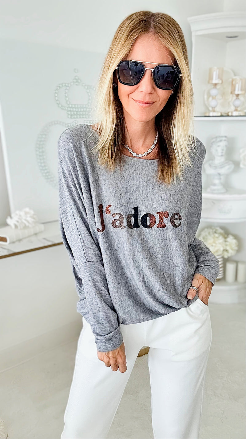 Italian J'adore Long Sleeve Pullover - Grey-130 Long Sleeve Tops-Yolly-Coastal Bloom Boutique, find the trendiest versions of the popular styles and looks Located in Indialantic, FL