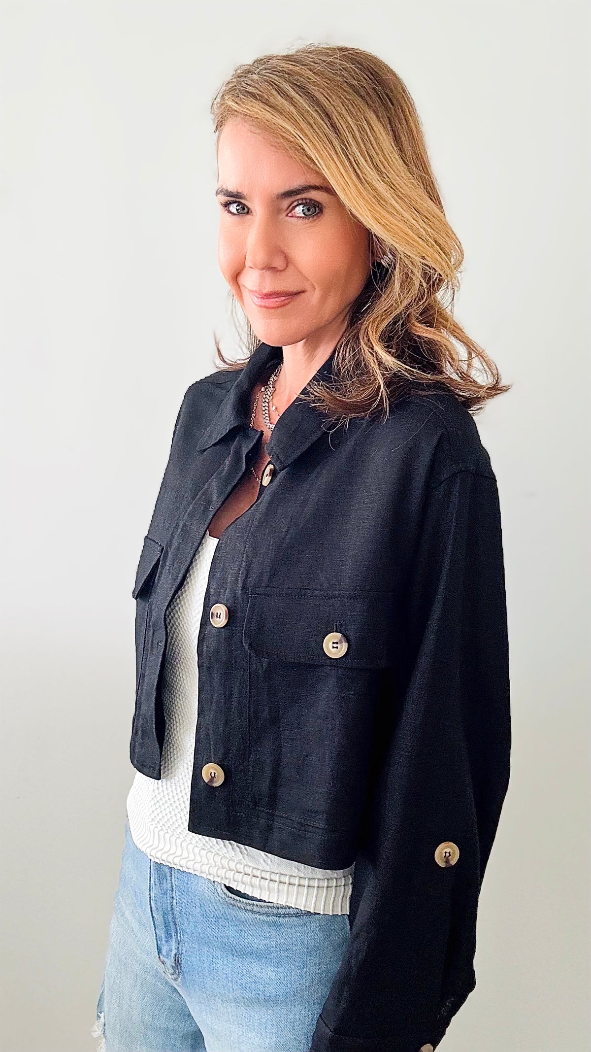 Linen Trench Crop Top -Black-130 Long Sleeve Tops-Love Tree Fashion-Coastal Bloom Boutique, find the trendiest versions of the popular styles and looks Located in Indialantic, FL