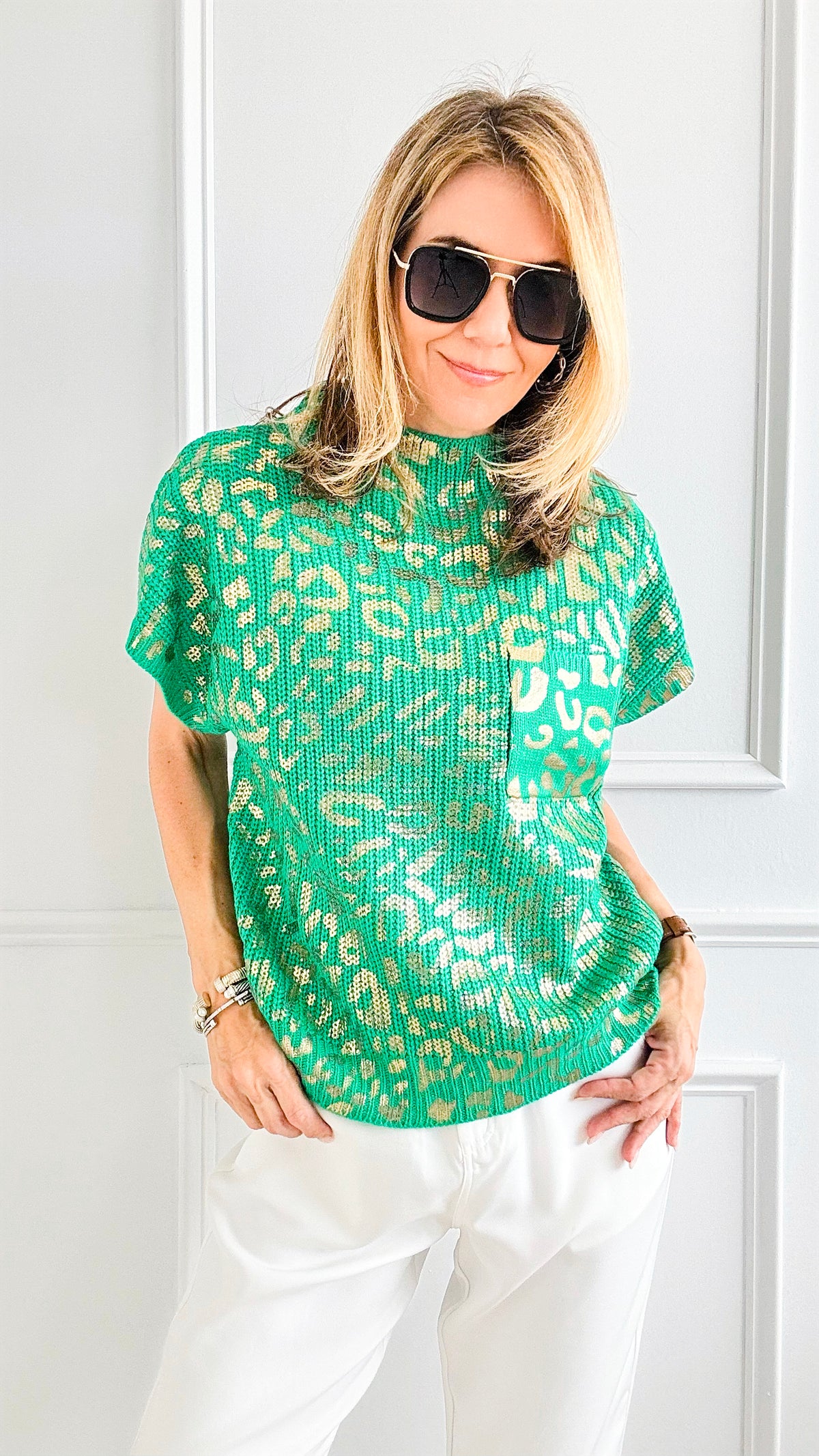 Cozy Up Wild Metallic Knit Top -Kelly Green-110 Short Sleeve Tops-Jodifl-Coastal Bloom Boutique, find the trendiest versions of the popular styles and looks Located in Indialantic, FL