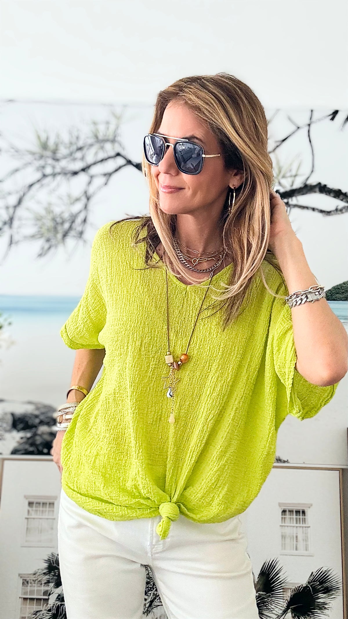 Shirred Knot Italian Top W/Necklace - Lime-100 Sleeveless Tops-Germany-Coastal Bloom Boutique, find the trendiest versions of the popular styles and looks Located in Indialantic, FL