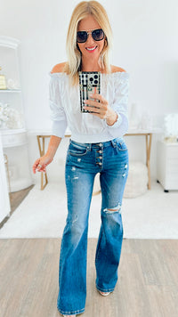 Mid Rise Flare Button Down Jeans - Dark-170 Bottoms-RISEN JEANS-Coastal Bloom Boutique, find the trendiest versions of the popular styles and looks Located in Indialantic, FL