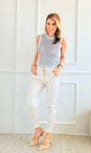 Shine-On Glistening Italian Joggers - Ecru/ Silver-pants-Italianissimo-Coastal Bloom Boutique, find the trendiest versions of the popular styles and looks Located in Indialantic, FL