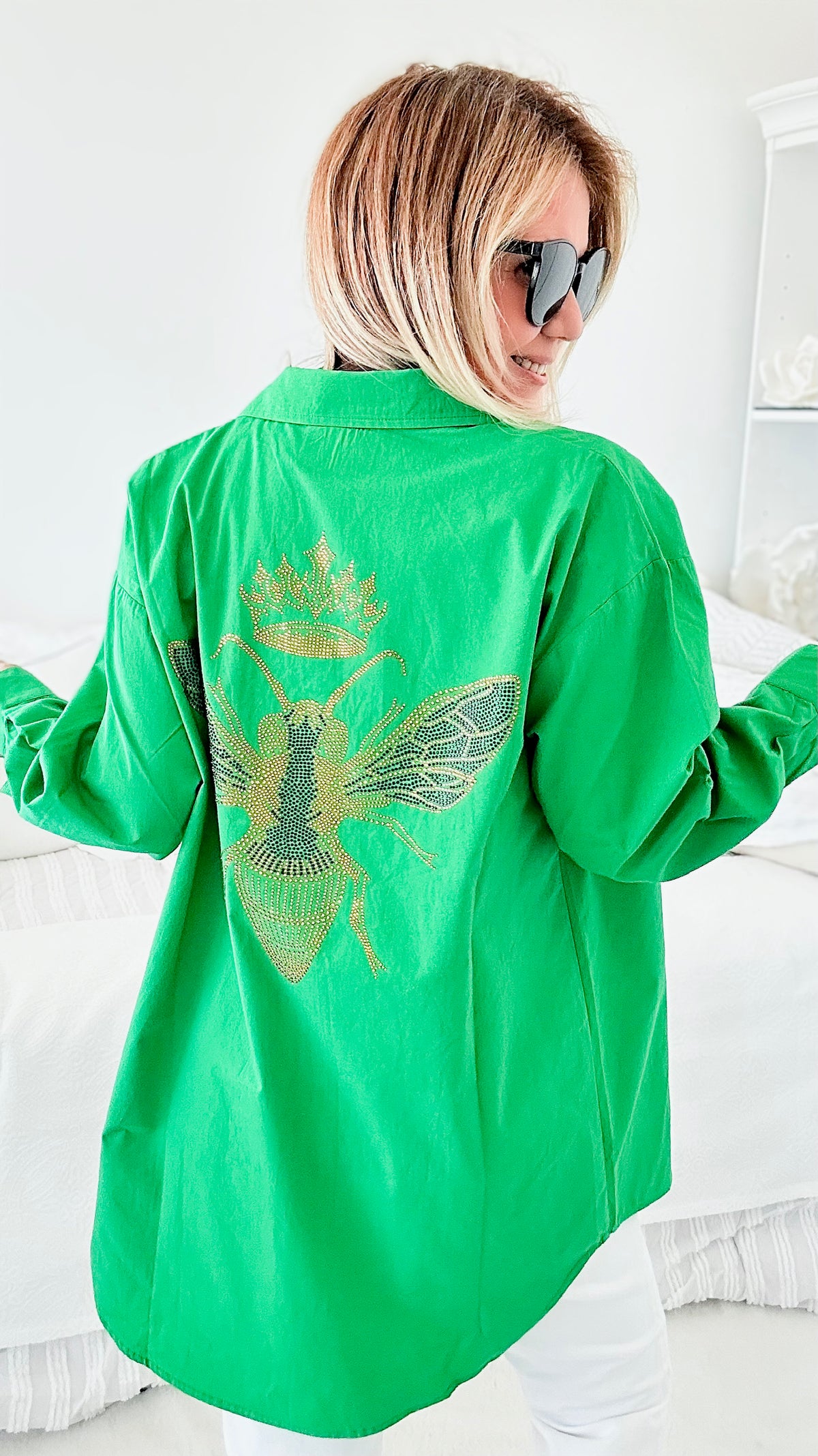 Bee Crown Queen Button Up Shirt - Green-170 Bottoms-Moving Forward Designs-Coastal Bloom Boutique, find the trendiest versions of the popular styles and looks Located in Indialantic, FL