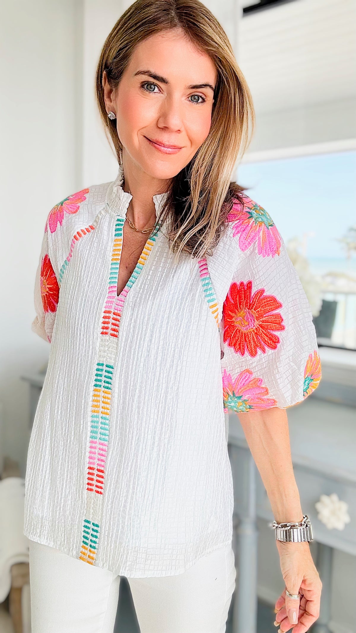 Flower Embroidered Puff Sleeve Blouse -White-110 Short Sleeve Tops-THML-Coastal Bloom Boutique, find the trendiest versions of the popular styles and looks Located in Indialantic, FL