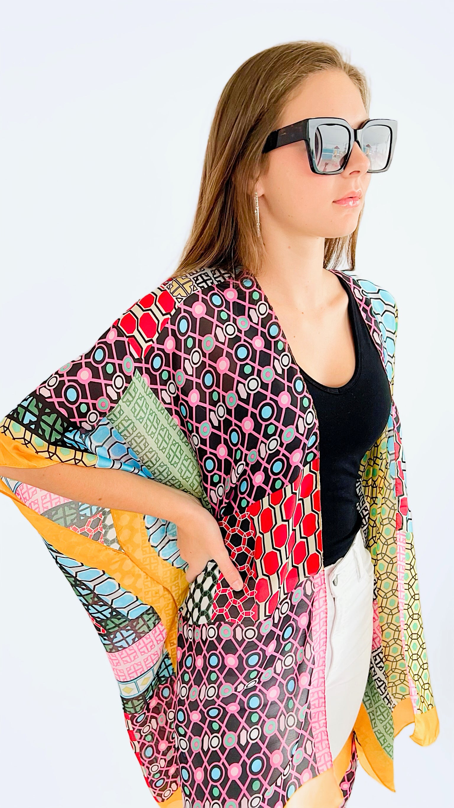 Perfect Geometric Kimono - Mustard/Black-150 Cardigans/Layers-Designer House-Coastal Bloom Boutique, find the trendiest versions of the popular styles and looks Located in Indialantic, FL