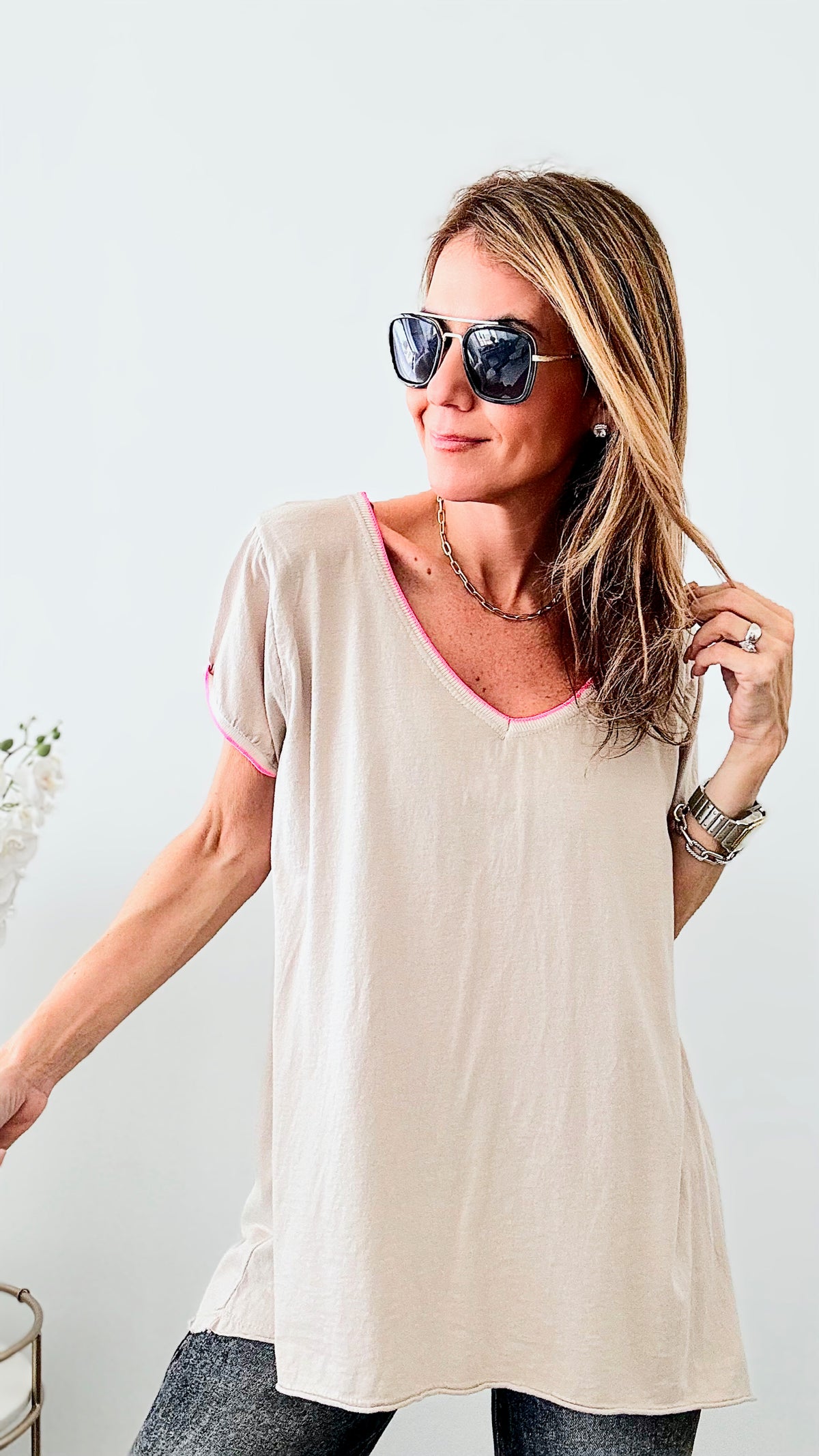 Knit Trimmed Italian Tee - Taupe-110 Short Sleeve Tops-Germany-Coastal Bloom Boutique, find the trendiest versions of the popular styles and looks Located in Indialantic, FL