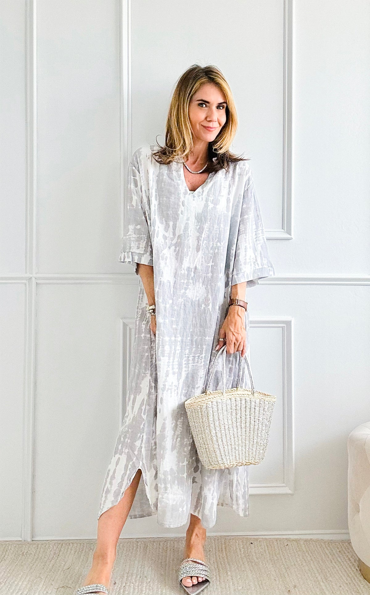 Relaxed Tie-Dye Linen Italian Dress - Grey/White-200 dresses/jumpsuits/rompers-Italianissimo-Coastal Bloom Boutique, find the trendiest versions of the popular styles and looks Located in Indialantic, FL
