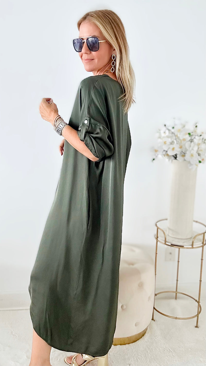 High-Low V-Neck Italian Dress - Olive-200 dresses/jumpsuits/rompers-Italianissimo-Coastal Bloom Boutique, find the trendiest versions of the popular styles and looks Located in Indialantic, FL