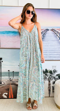 Sleeveless Boho Floral Maxi Dress - Turquoise-200 dresses/jumpsuits/rompers-Fashion Fuse-Coastal Bloom Boutique, find the trendiest versions of the popular styles and looks Located in Indialantic, FL