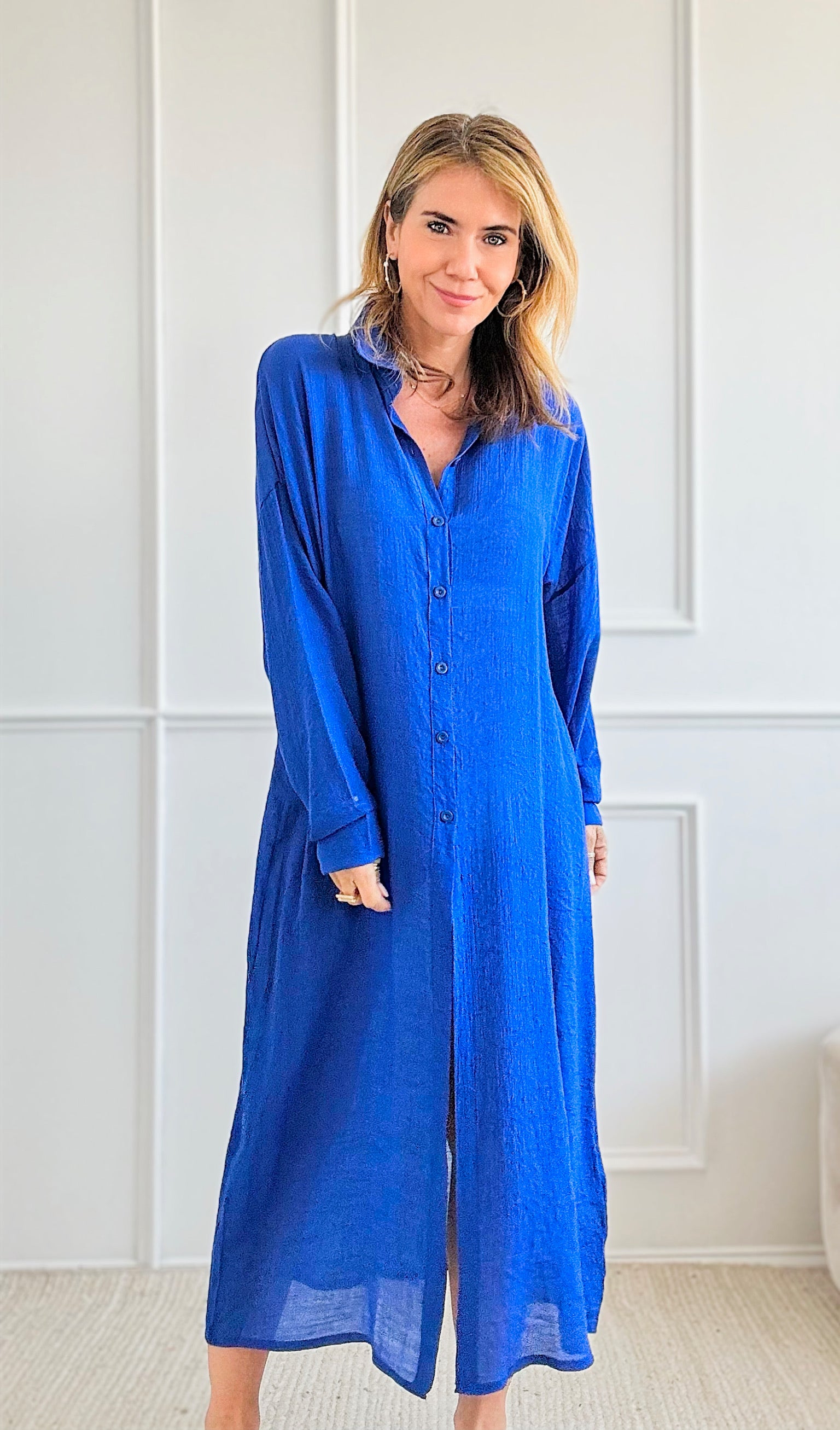 Classic Long Sleeves Maxi Shirt - Royal Blue-130 Long Sleeve Tops-Max Accessories-Coastal Bloom Boutique, find the trendiest versions of the popular styles and looks Located in Indialantic, FL