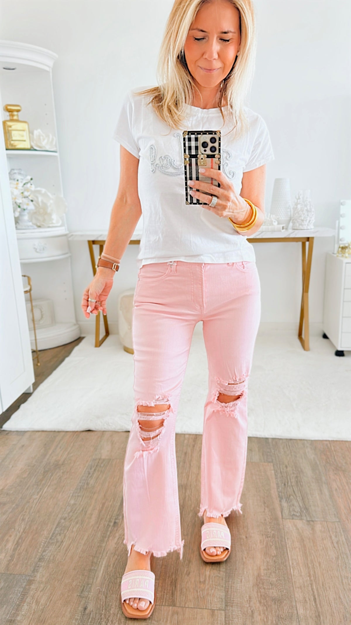 Distressed High Rise Straight Jeans - Light Pink-190 Denim-Risen-Coastal Bloom Boutique, find the trendiest versions of the popular styles and looks Located in Indialantic, FL