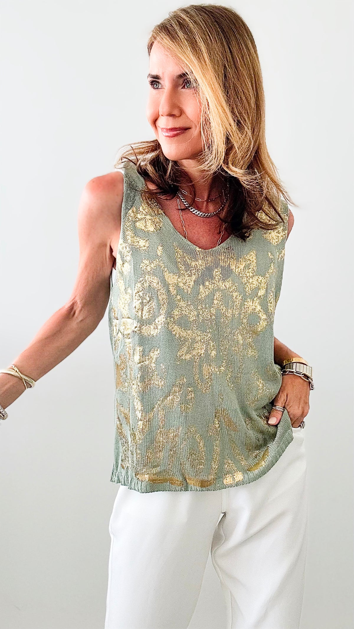 Gold Foil Italian Tank Top - Sage-100 Sleeveless Tops-moda italia-Coastal Bloom Boutique, find the trendiest versions of the popular styles and looks Located in Indialantic, FL