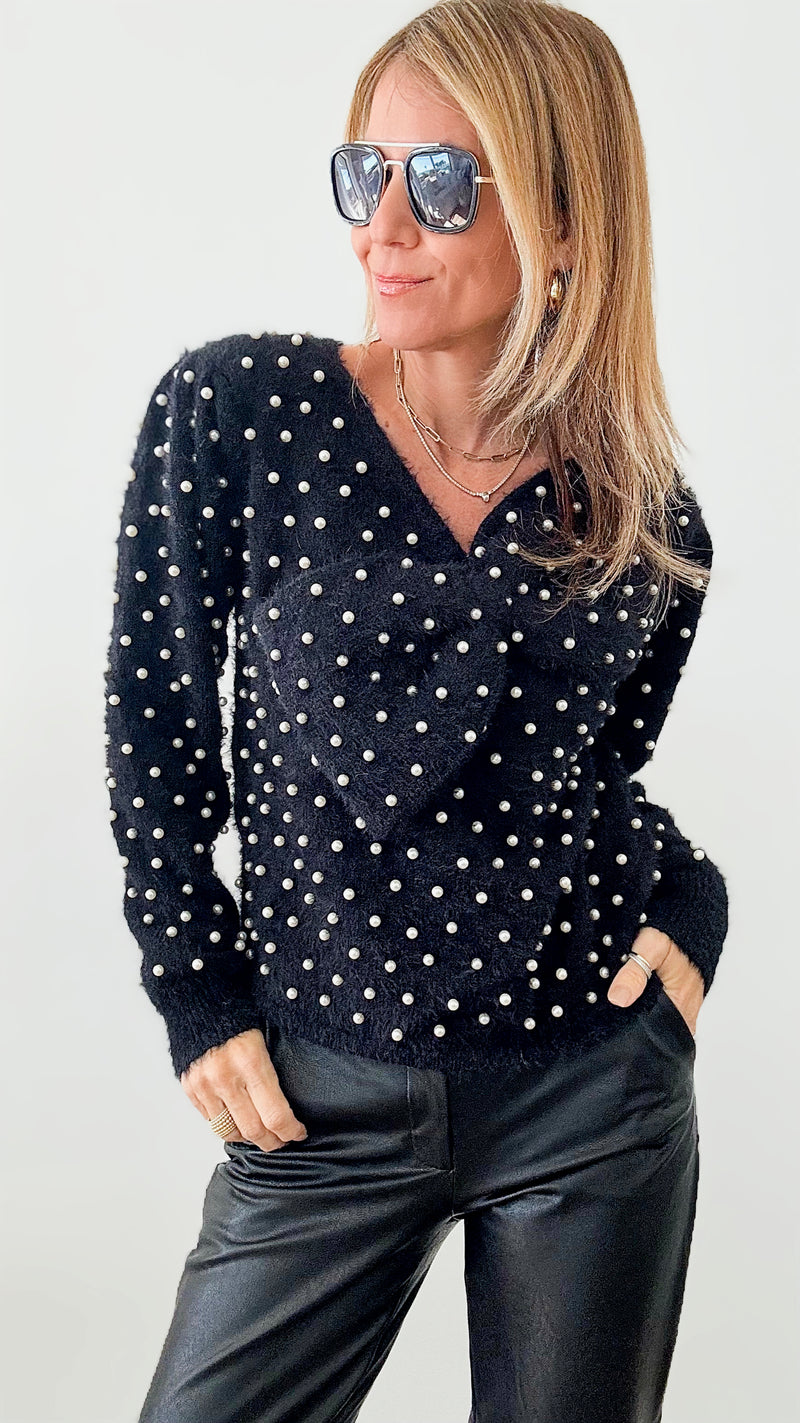 Princess Bow Pearl Sweater - Black-130 Long Sleeve Tops-BIBI-Coastal Bloom Boutique, find the trendiest versions of the popular styles and looks Located in Indialantic, FL