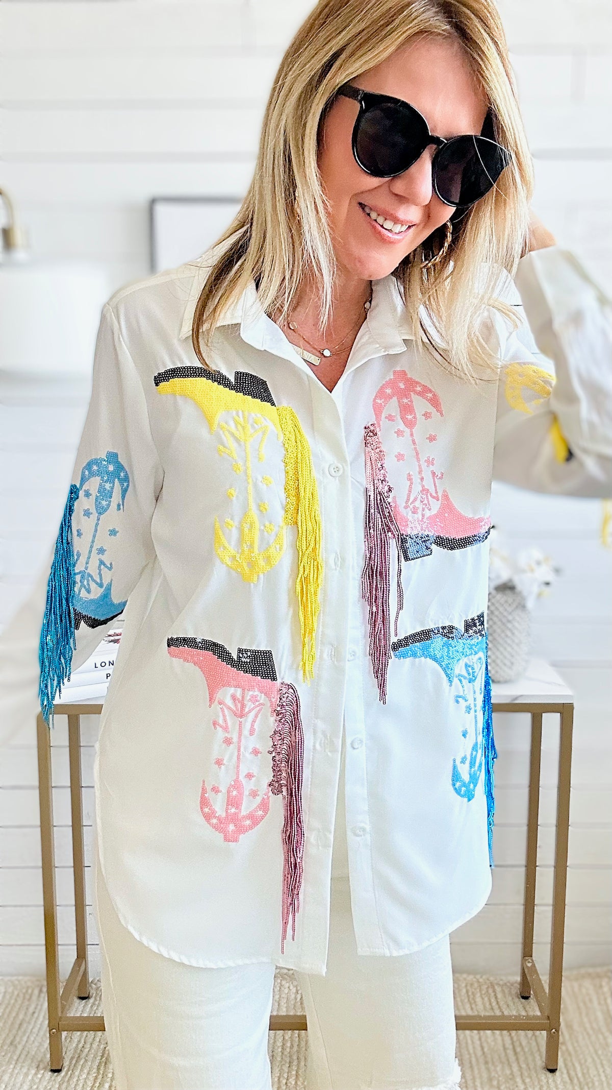 Cowboy Boot Sequin Fringe Button Down Top - White-130 Long Sleeve Tops-BLUE B-Coastal Bloom Boutique, find the trendiest versions of the popular styles and looks Located in Indialantic, FL
