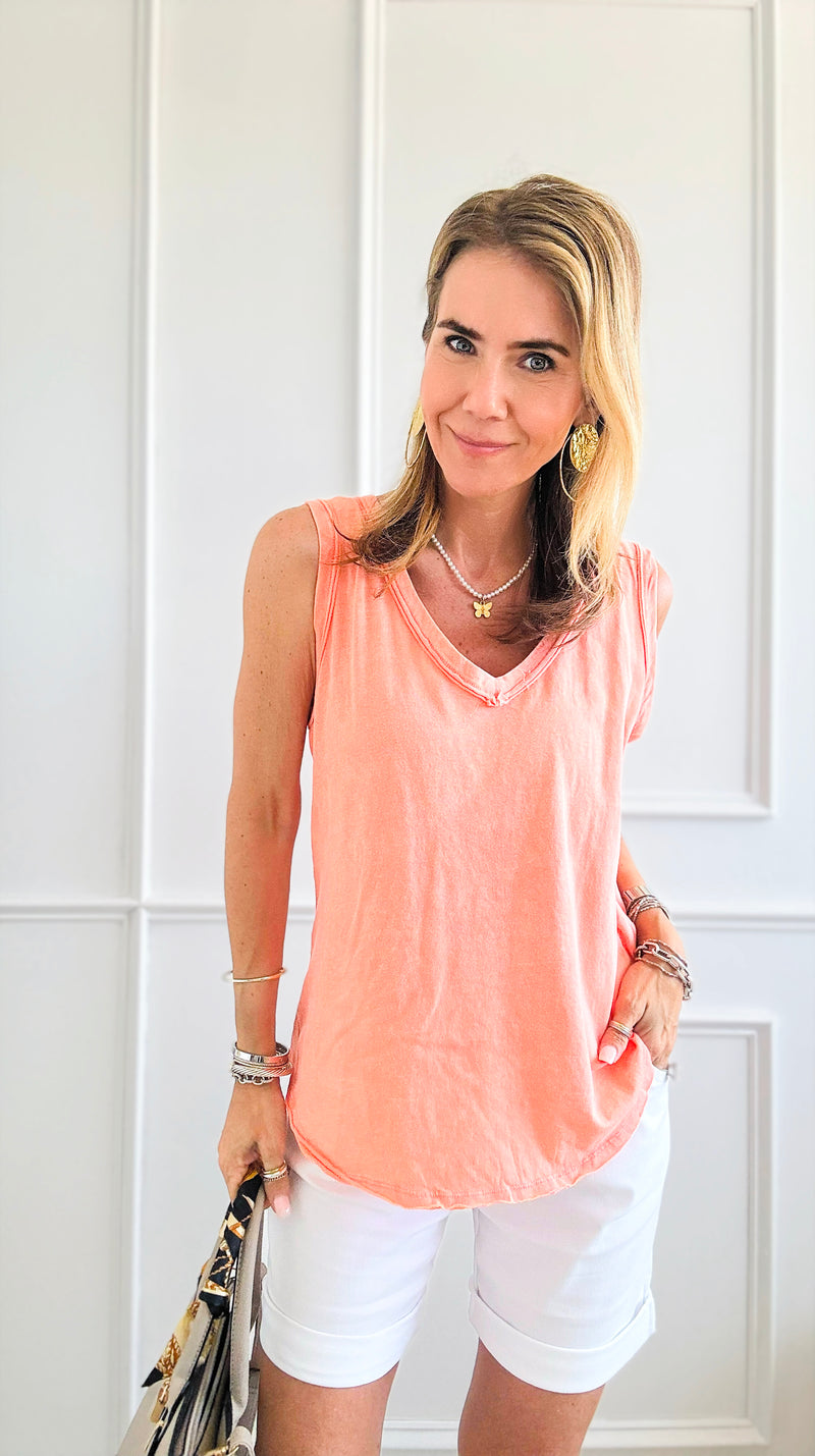 Washed V-Neck Sleeveless Top - Coral-100 Sleeveless Tops-Zenana-Coastal Bloom Boutique, find the trendiest versions of the popular styles and looks Located in Indialantic, FL