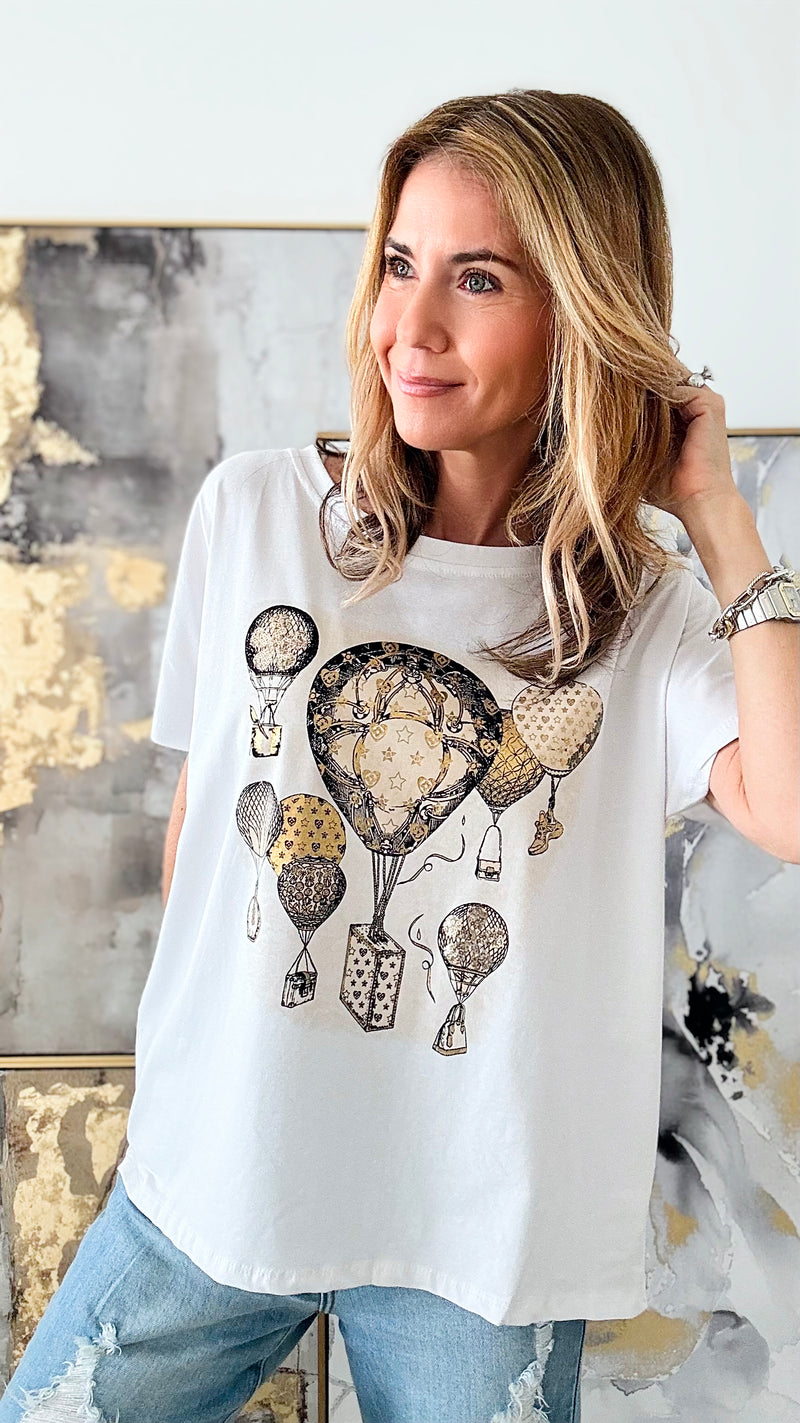 Trouble In The Sky Italian Graphic Tee - White/Gold-110 Short Sleeve Tops-Italianissimo-Coastal Bloom Boutique, find the trendiest versions of the popular styles and looks Located in Indialantic, FL