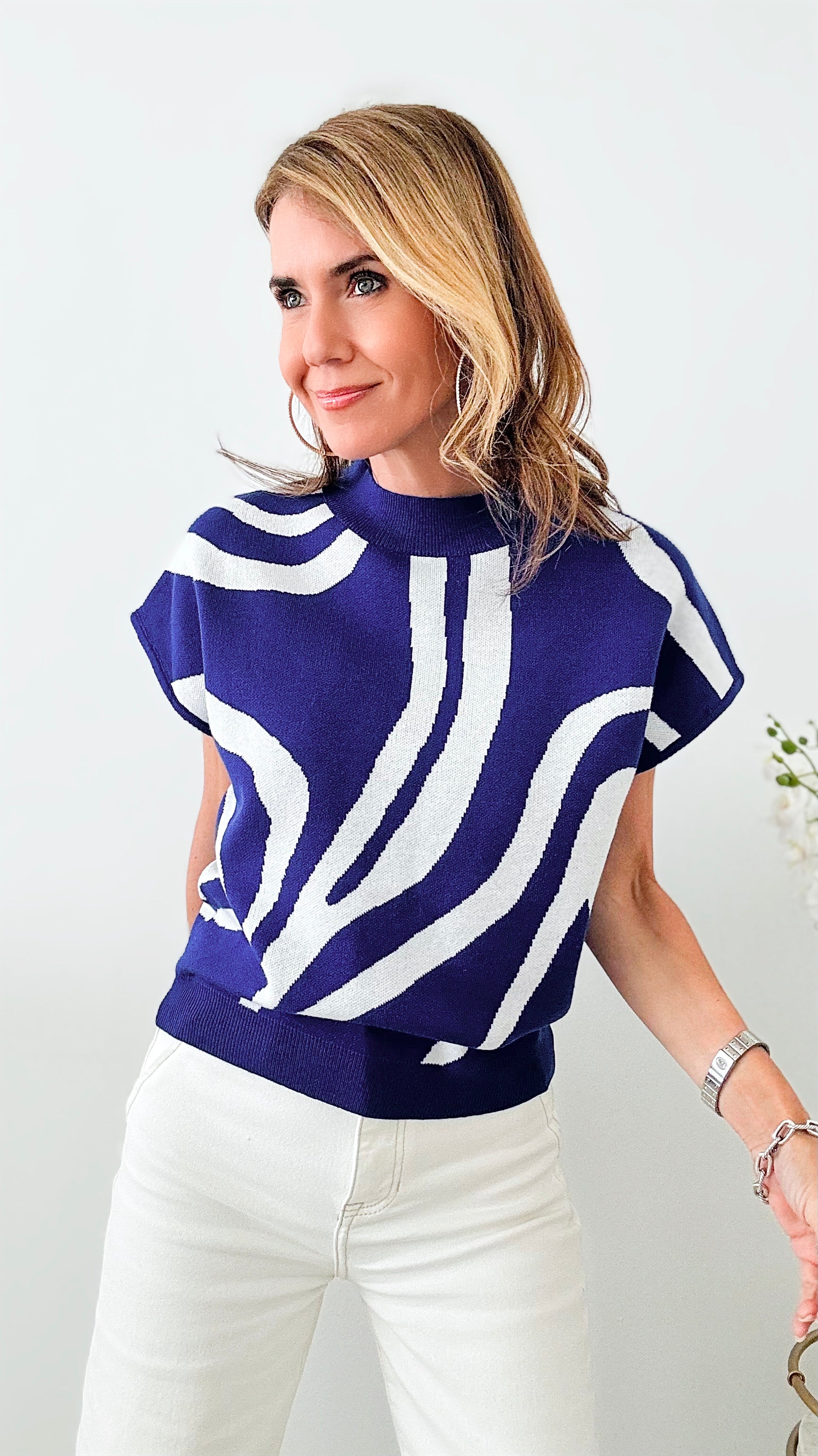 Swirl Printed Mock Neck Top - Royal Blue-110 Short Sleeve Tops-EESOME-Coastal Bloom Boutique, find the trendiest versions of the popular styles and looks Located in Indialantic, FL