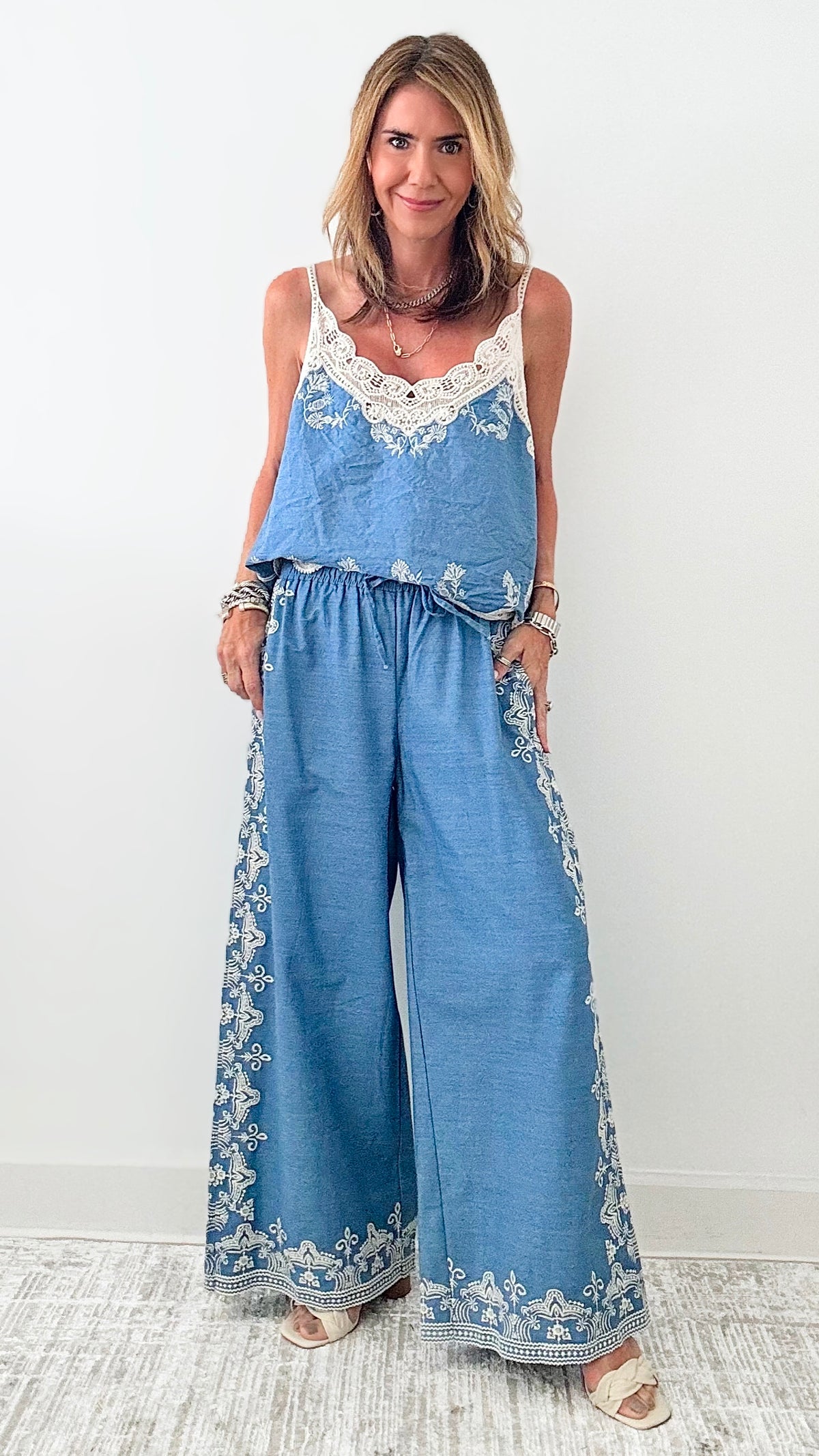 Embroidered Lace Italian Pant-pants-Germany-Coastal Bloom Boutique, find the trendiest versions of the popular styles and looks Located in Indialantic, FL