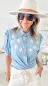 Not So Casual Flowers & Marquise Embellished Blouse-110 Short Sleeve Tops-LA' ROS-Coastal Bloom Boutique, find the trendiest versions of the popular styles and looks Located in Indialantic, FL
