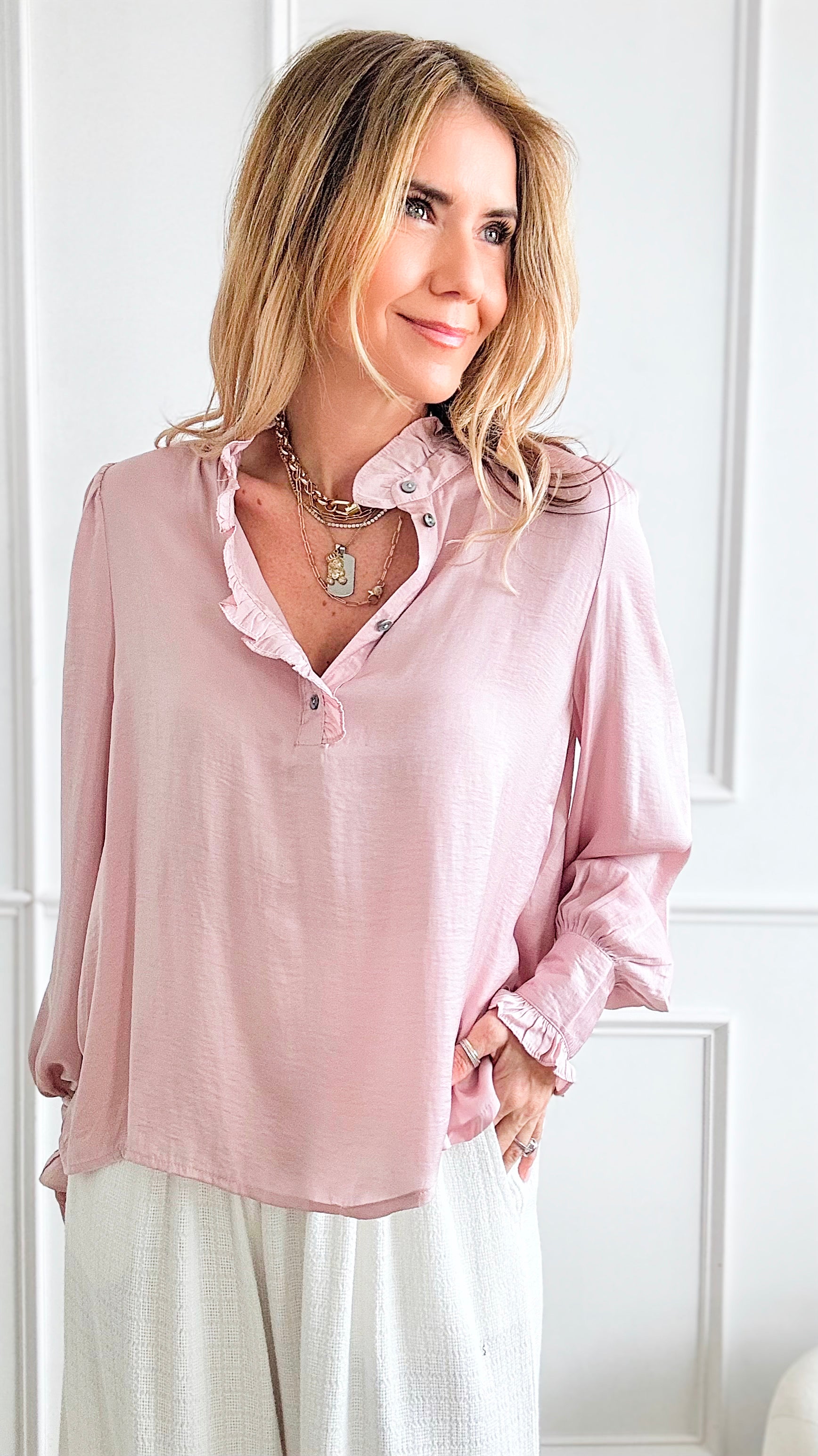 Satin Ruffle Button Down Top - Misty Pink-130 Long Sleeve Tops-she+sky-Coastal Bloom Boutique, find the trendiest versions of the popular styles and looks Located in Indialantic, FL