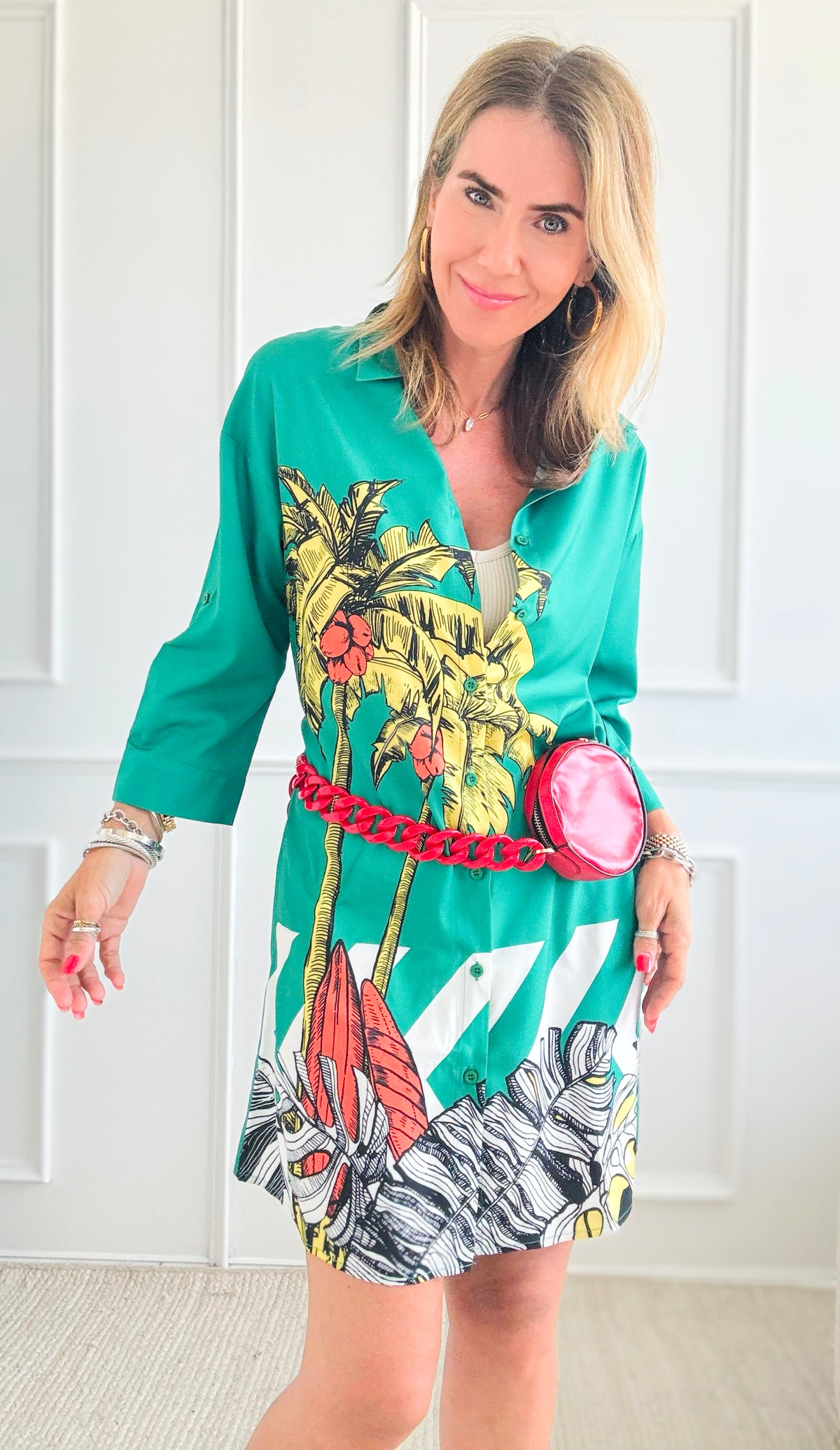 Tropical Graphic Button Down Tunic-Green-200 dresses/jumpsuits/rompers-pastel design-Coastal Bloom Boutique, find the trendiest versions of the popular styles and looks Located in Indialantic, FL