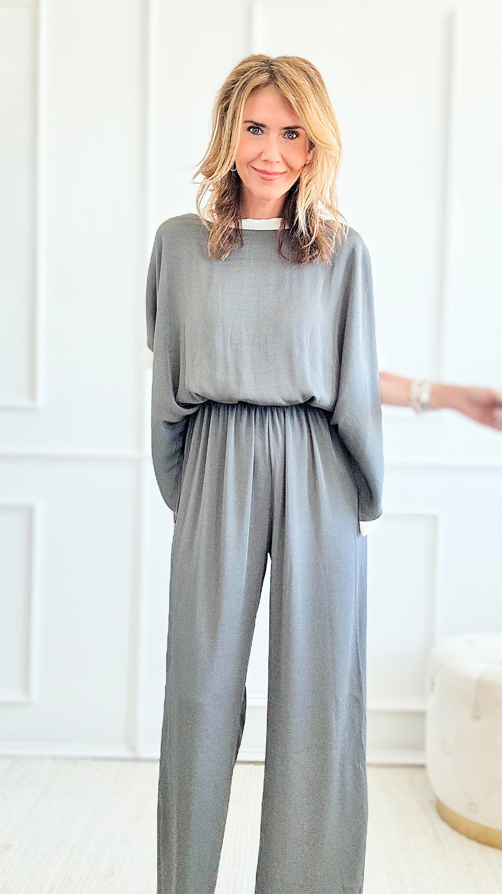 Silky Varsity Stripe Jumpsuit - Grey-200 Dresses/Jumpsuits/Rompers-TYCHE-Coastal Bloom Boutique, find the trendiest versions of the popular styles and looks Located in Indialantic, FL