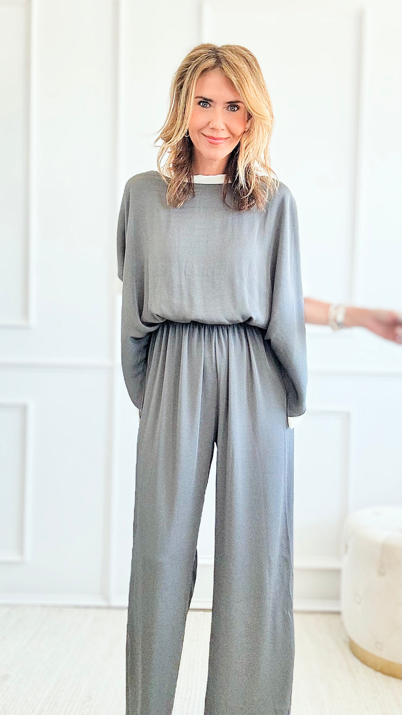 Silky Varsity Stripe Jumpsuit - Grey-200 Dresses/Jumpsuits/Rompers-TYCHE-Coastal Bloom Boutique, find the trendiest versions of the popular styles and looks Located in Indialantic, FL