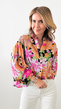 Floral Mix Print Bubble Sleeves Blouse-Black Multi-130 Long Sleeve Tops-Fate By LFD-Coastal Bloom Boutique, find the trendiest versions of the popular styles and looks Located in Indialantic, FL