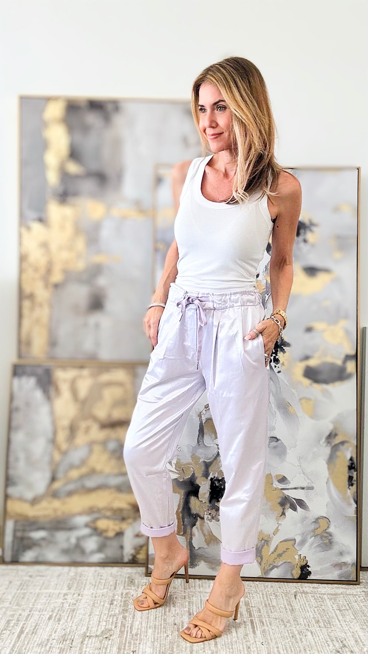 Metallic Sheen Elastic Pants -Lilac-170 Bottoms-VENTI6 OUTLET-Coastal Bloom Boutique, find the trendiest versions of the popular styles and looks Located in Indialantic, FL