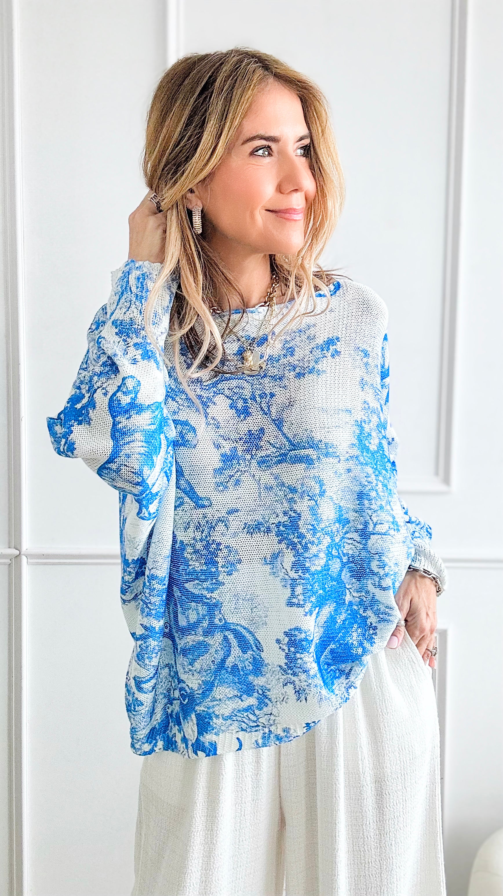 Adorable Toile Italian St Tropez Knit - French Blue-140 Sweaters-Italianissimo-Coastal Bloom Boutique, find the trendiest versions of the popular styles and looks Located in Indialantic, FL