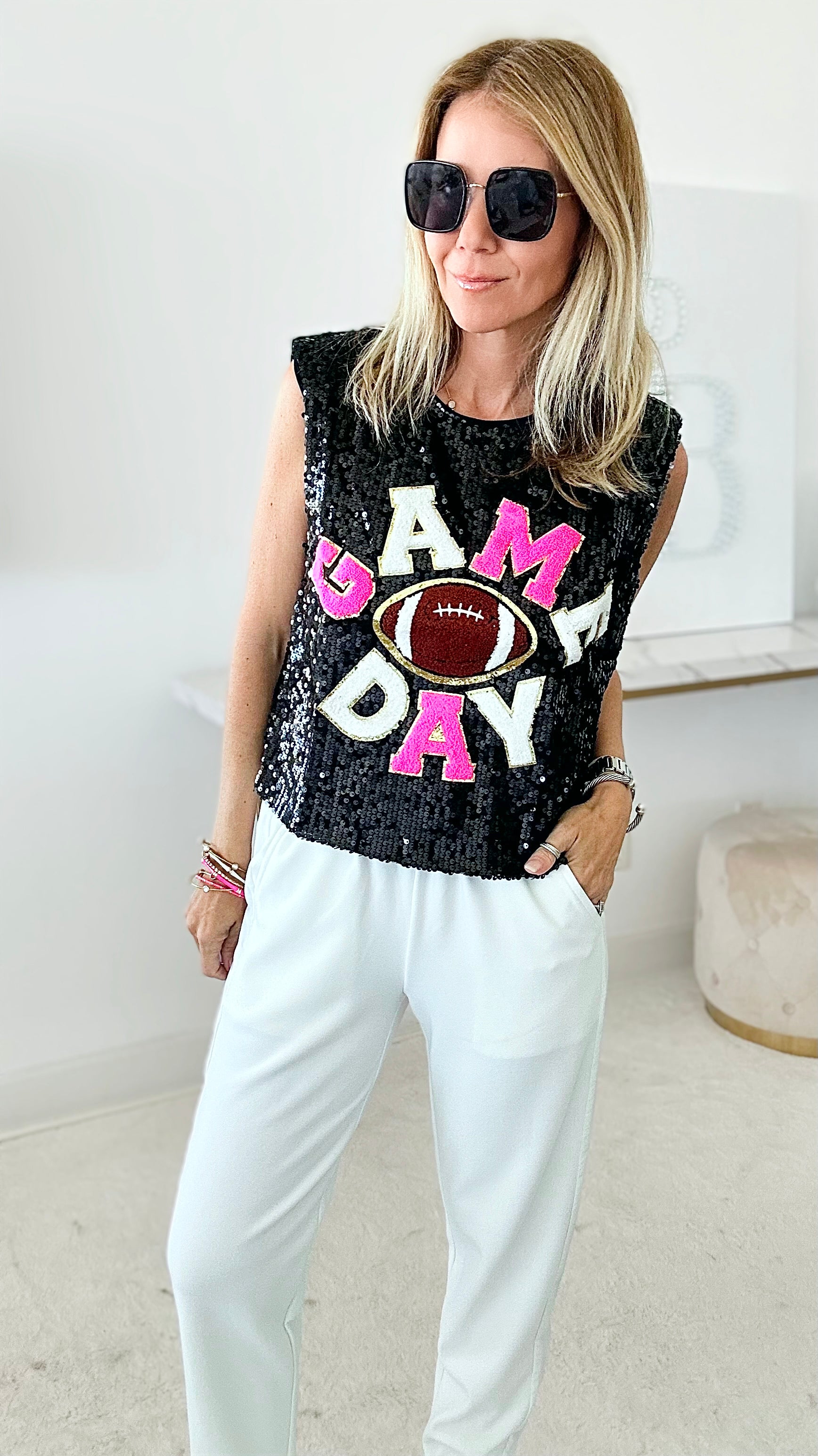 Saturday Game Day Sequin Bling Top - Black/Fuchsia-110 Short Sleeve Tops-BIBI-Coastal Bloom Boutique, find the trendiest versions of the popular styles and looks Located in Indialantic, FL