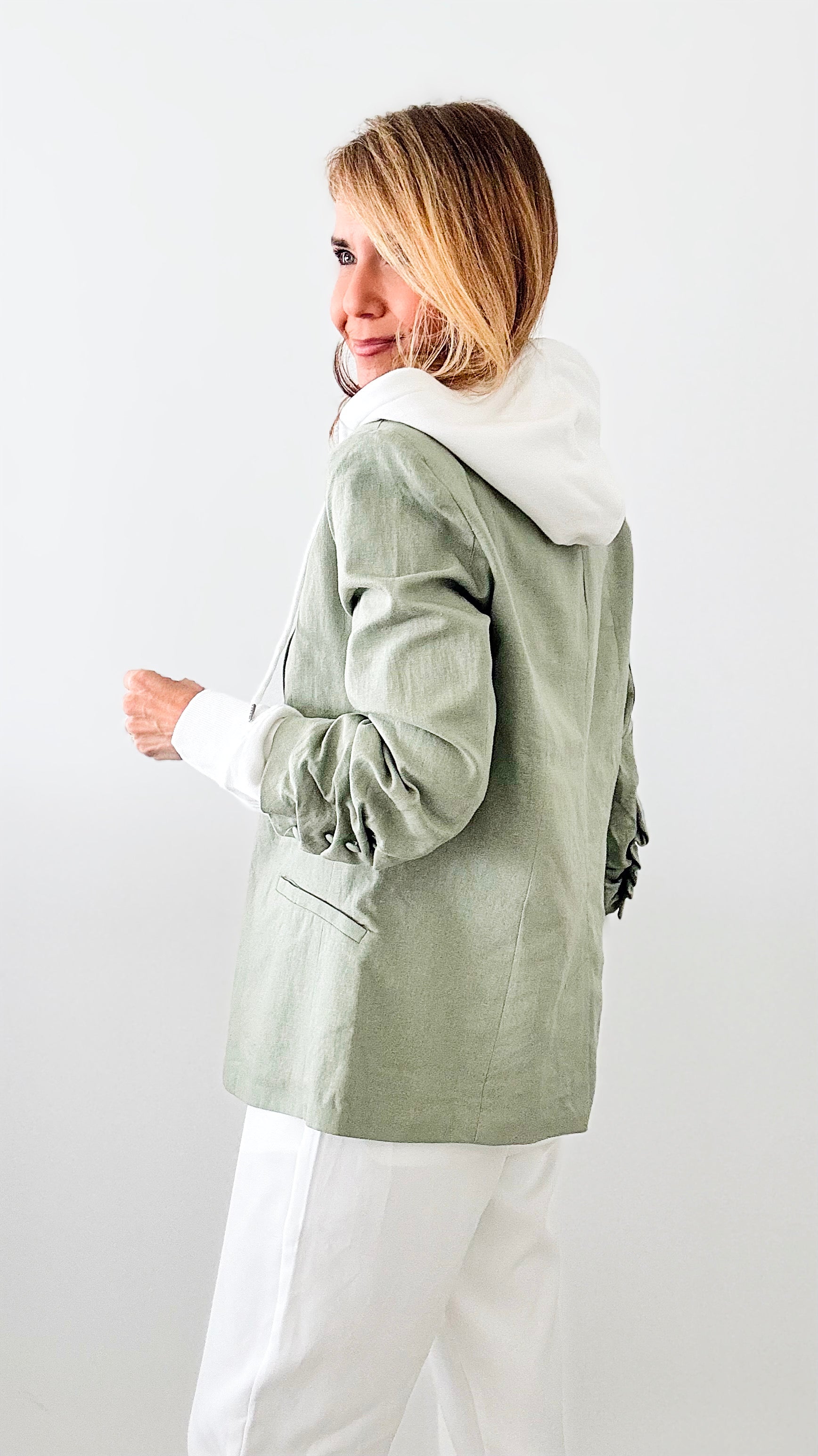 Contrast Hooded Blazer - Sage-160 Jackets-RISEN JEANS-Coastal Bloom Boutique, find the trendiest versions of the popular styles and looks Located in Indialantic, FL