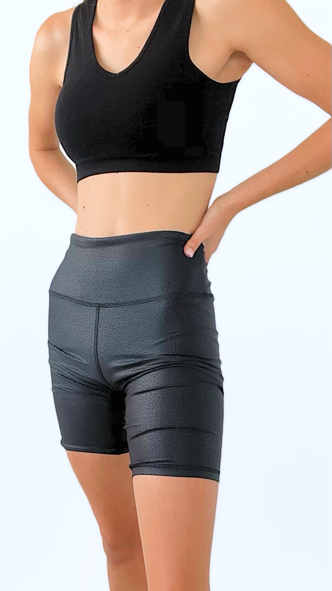 Black Foil Highwaist Biker Shorts-210 Loungewear/Sets-Mono B-Coastal Bloom Boutique, find the trendiest versions of the popular styles and looks Located in Indialantic, FL