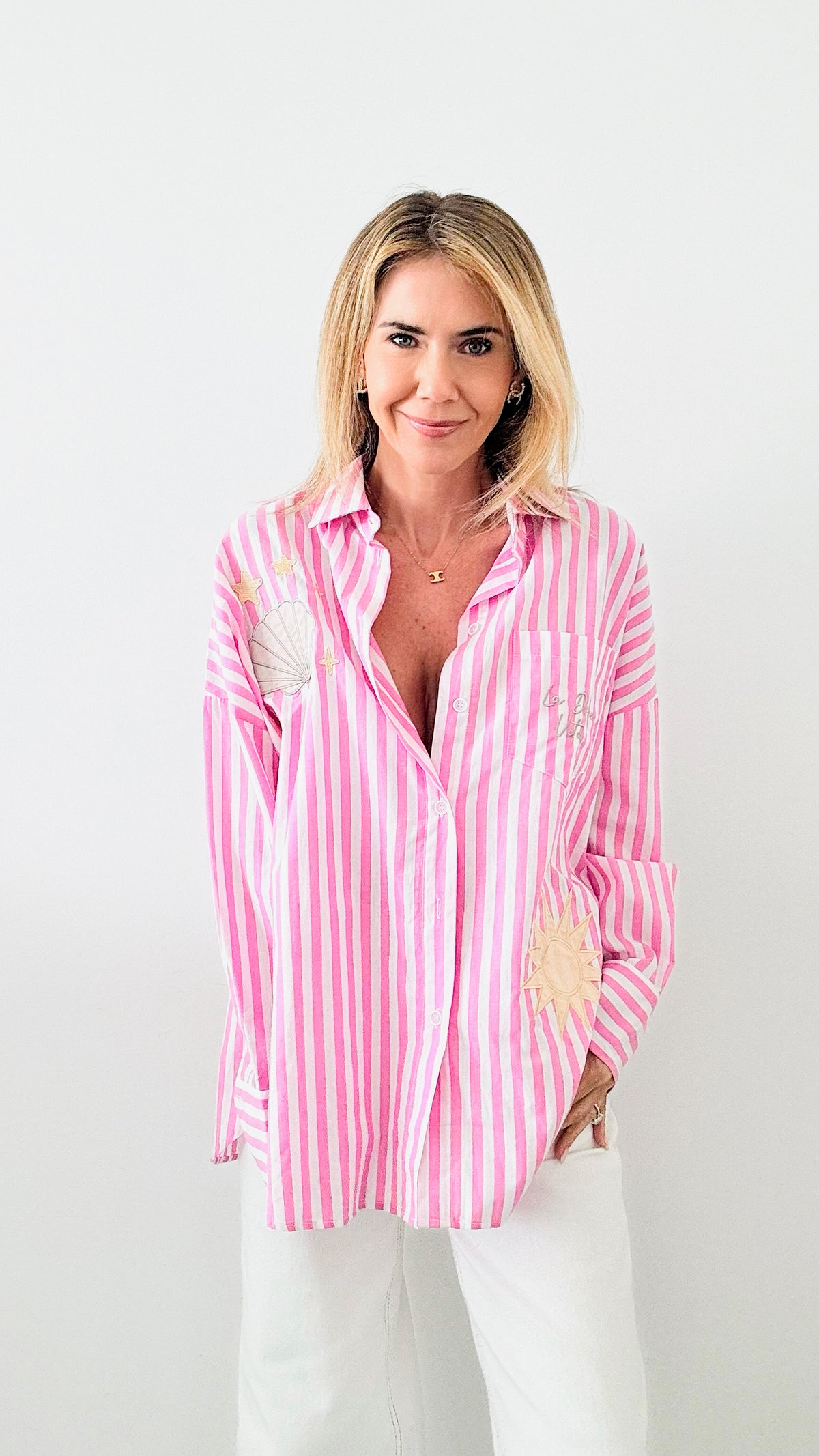 Sun + Shells Striped Italian Blouse - Pink-170 Bottoms-Germany-Coastal Bloom Boutique, find the trendiest versions of the popular styles and looks Located in Indialantic, FL