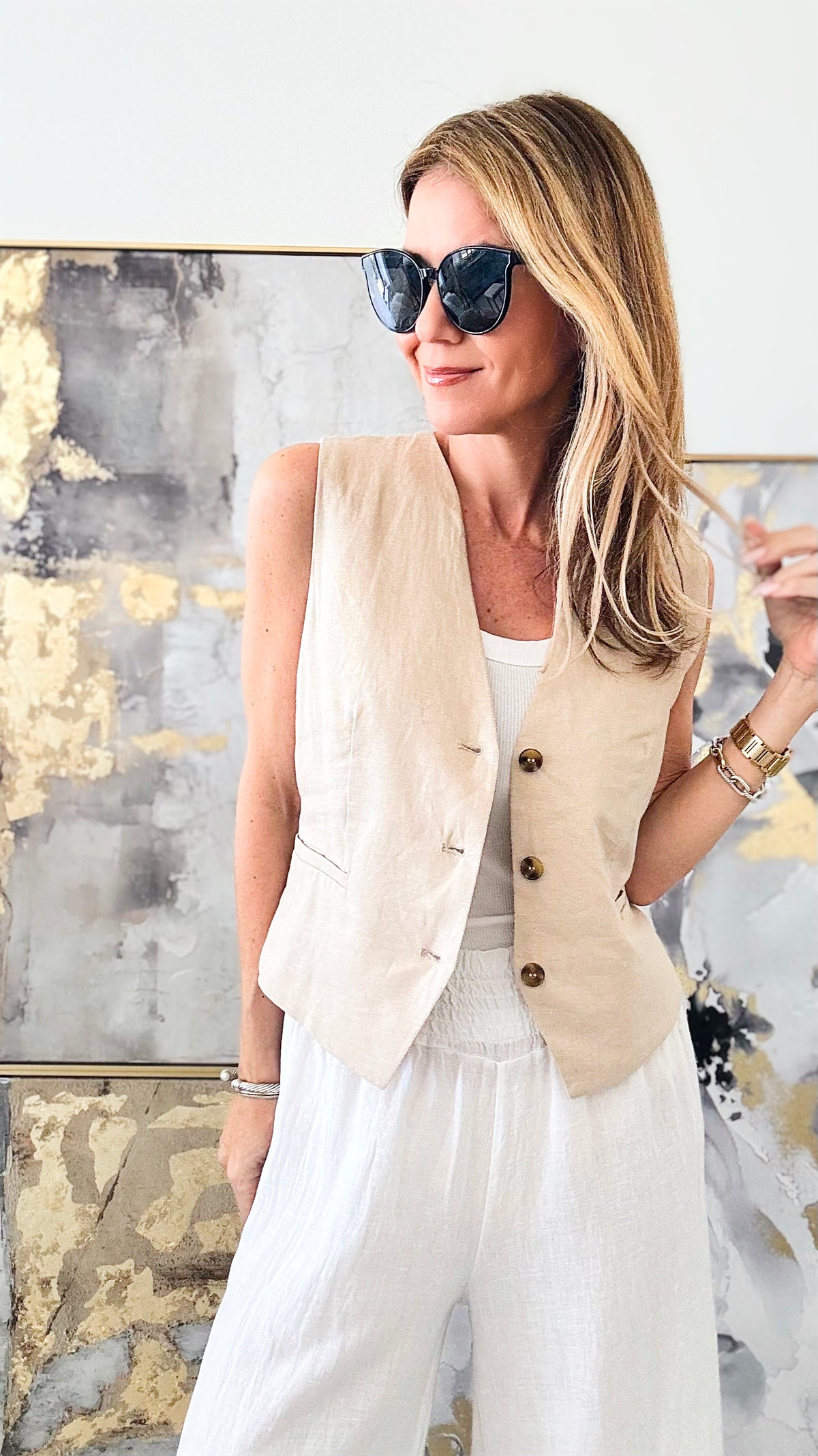 Linen Button Down Vest Top - Khaki-160 Jackets-LOVE TREE-Coastal Bloom Boutique, find the trendiest versions of the popular styles and looks Located in Indialantic, FL