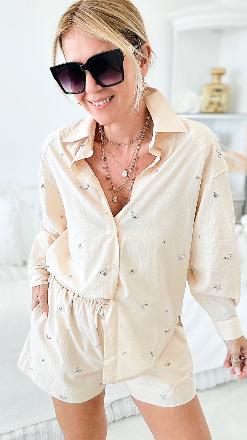 Girl Power Blouse Shorts Set - Beige-130 Long Sleeve Tops-BLUE B-Coastal Bloom Boutique, find the trendiest versions of the popular styles and looks Located in Indialantic, FL