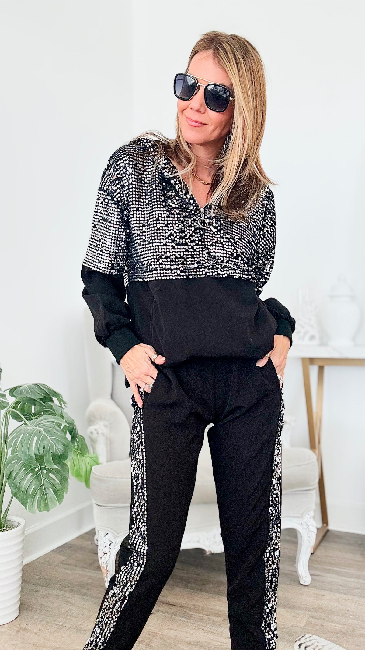 Sequin Pant and Hoodie Set-210 Loungewear/Sets-TOUCHE PRIVE-Coastal Bloom Boutique, find the trendiest versions of the popular styles and looks Located in Indialantic, FL